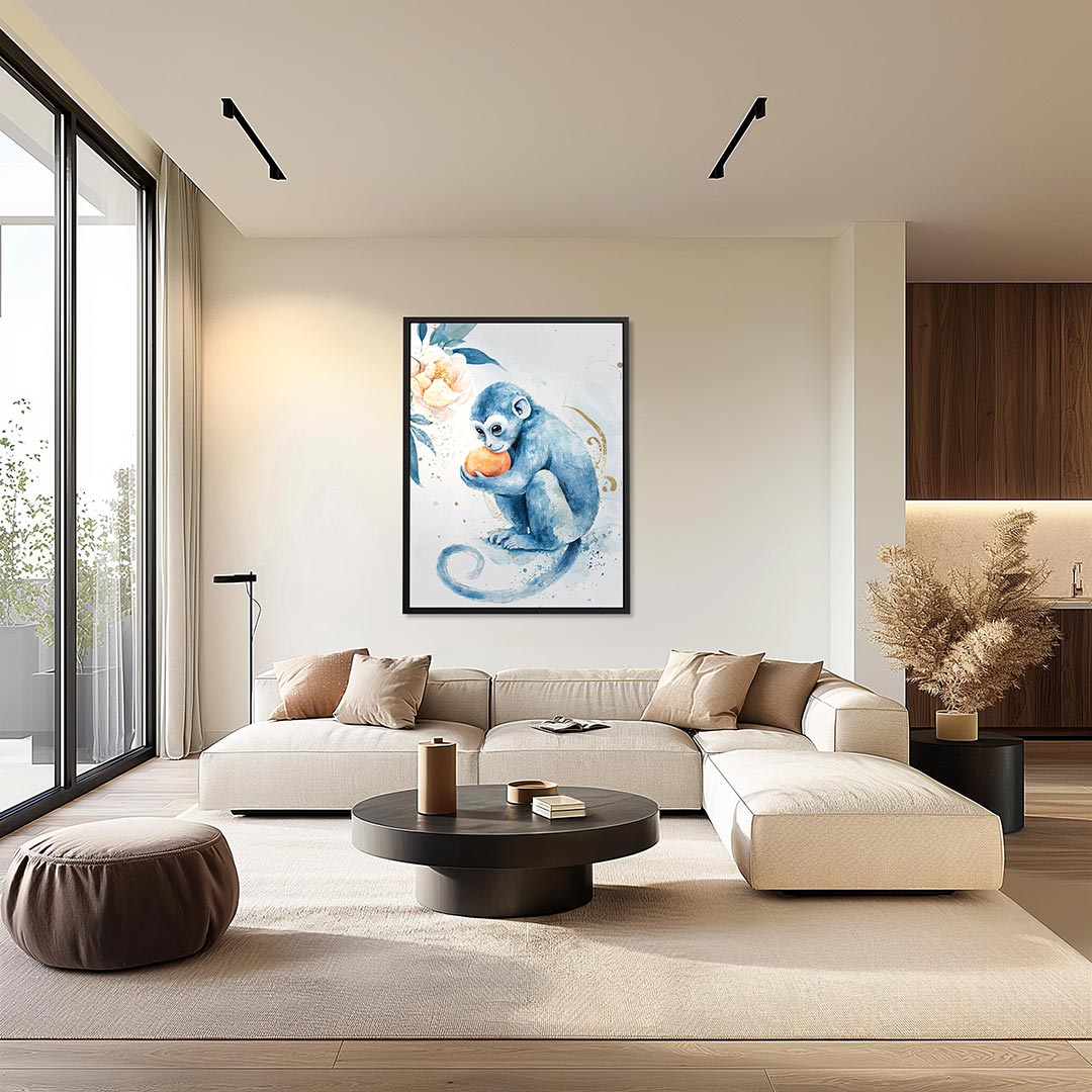 Speelse blauwe aap Kunstwerk