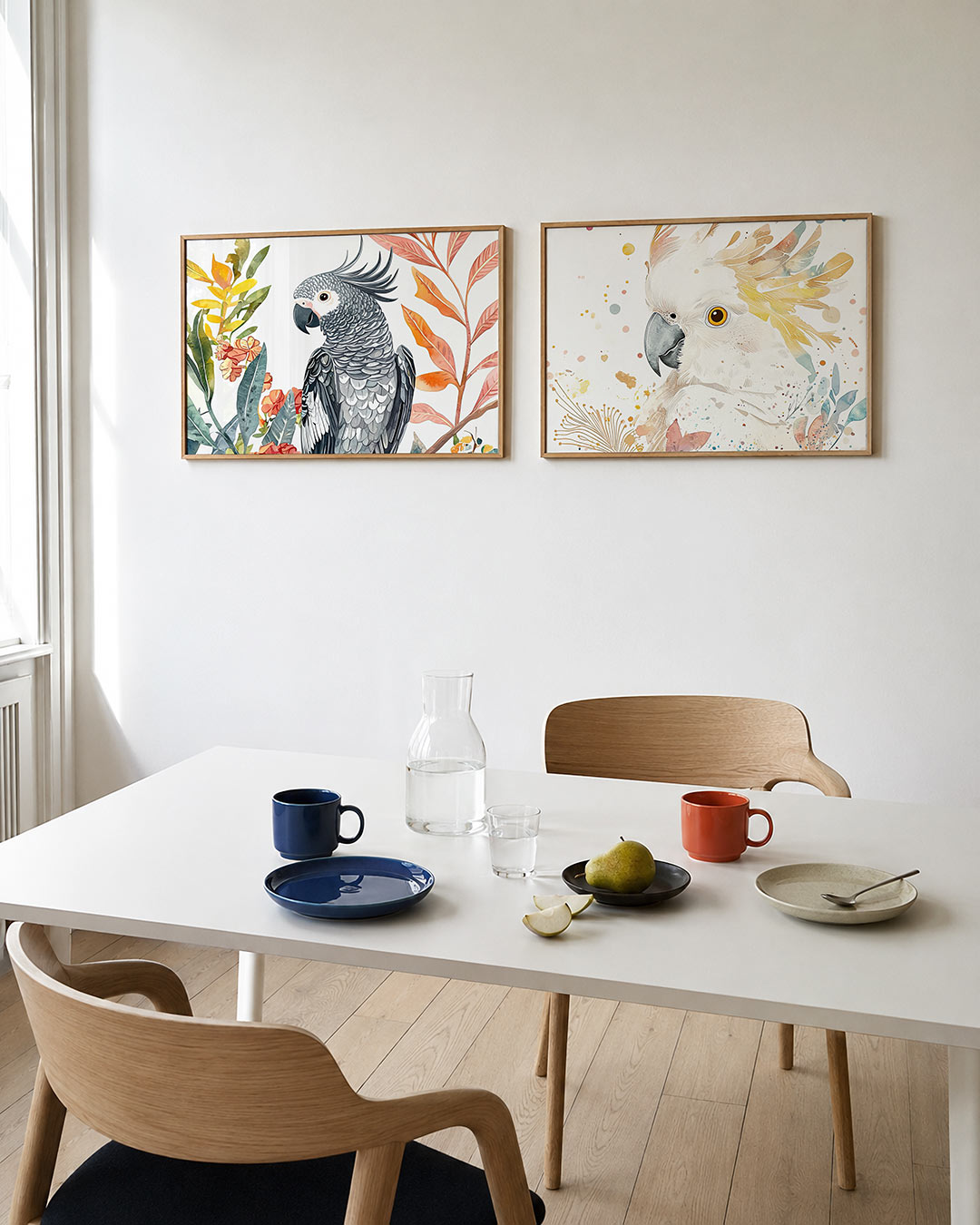 Twee liggende posters met een levendige papegaai met gedetailleerde grijze veren, aan de muur in een interieur