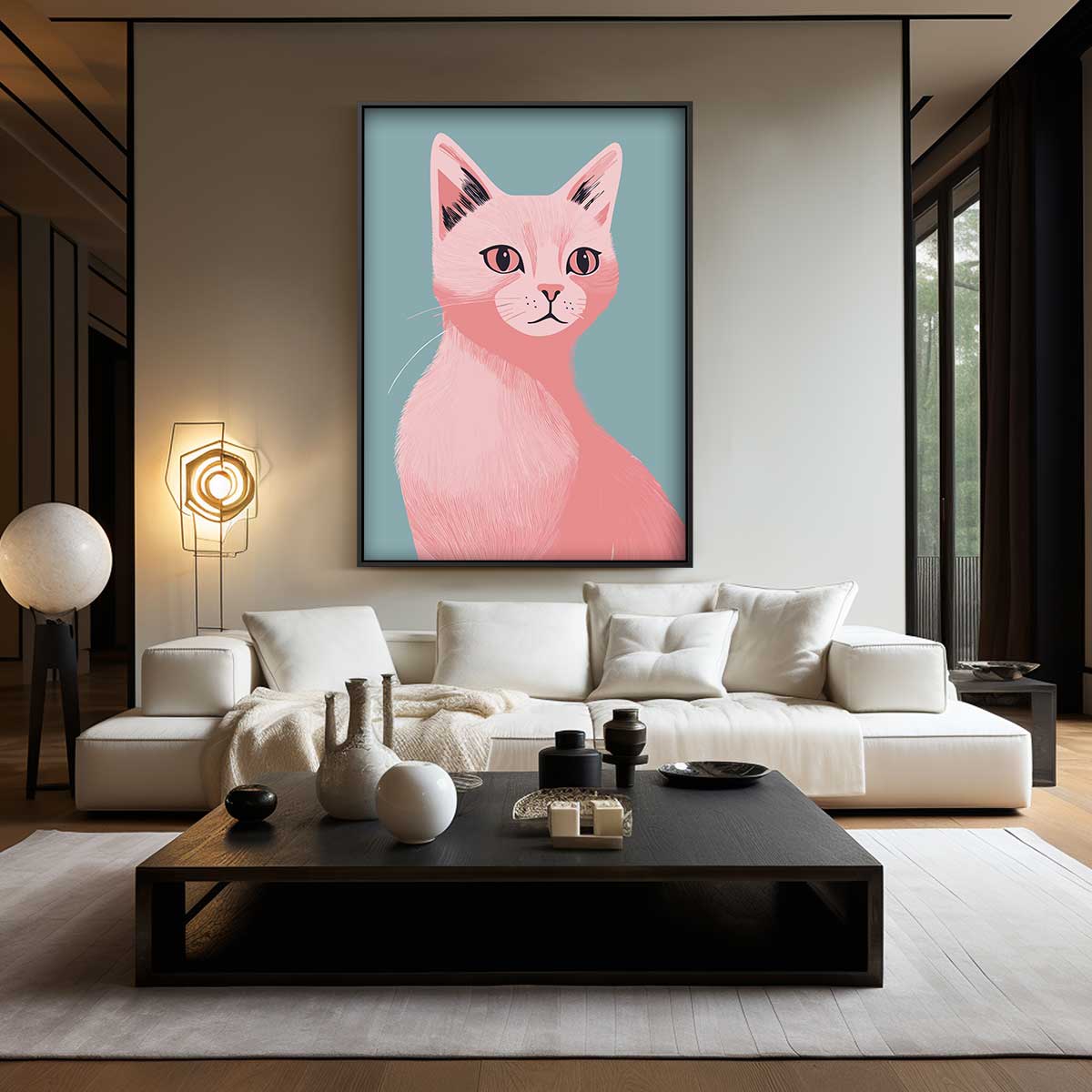Dromerige Roze Kat Kunstwerk-canvas-dibond-plexiglas-wanddecoratie-WallArtistic