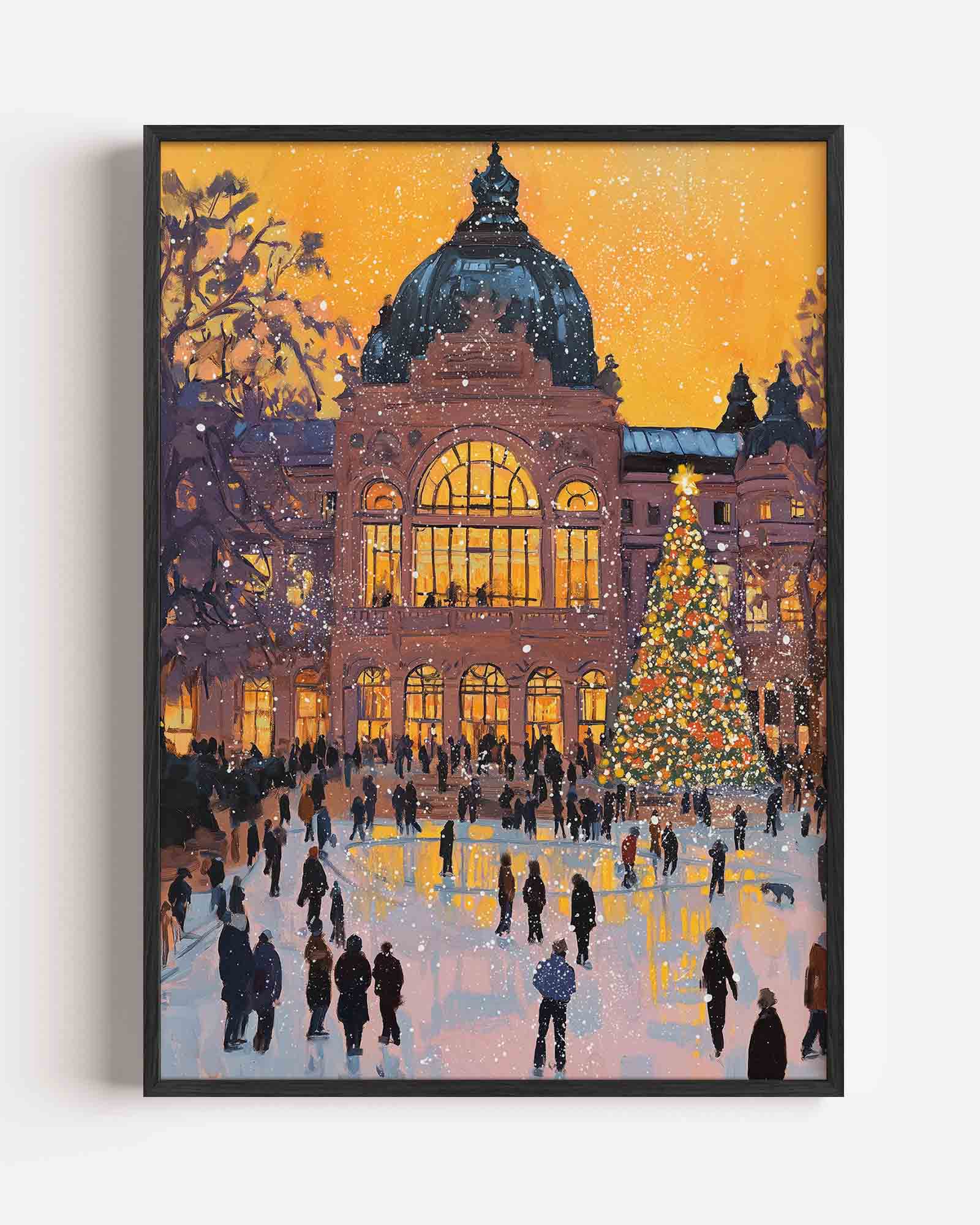 Winteravond bij verlichte hal Poster