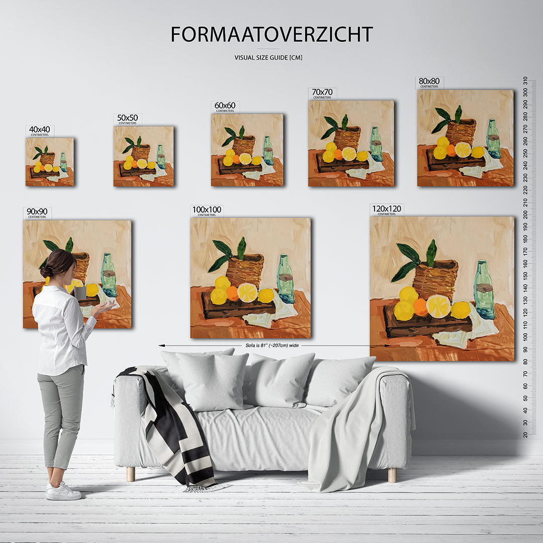 Fruit en fles compositie Kunstwerk