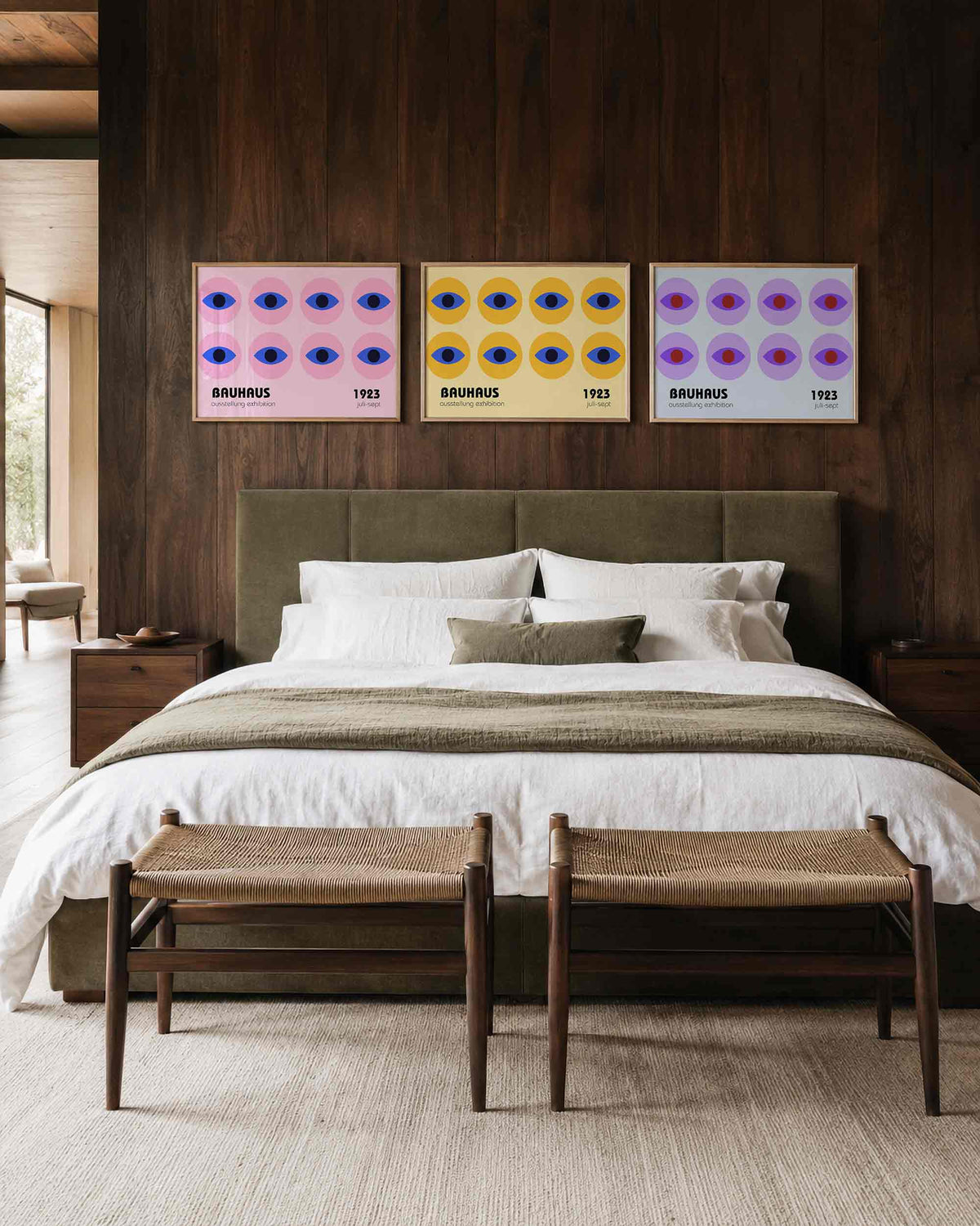 Interieurmockup van drieluik landscape-posterset met rijen ogen in kleur