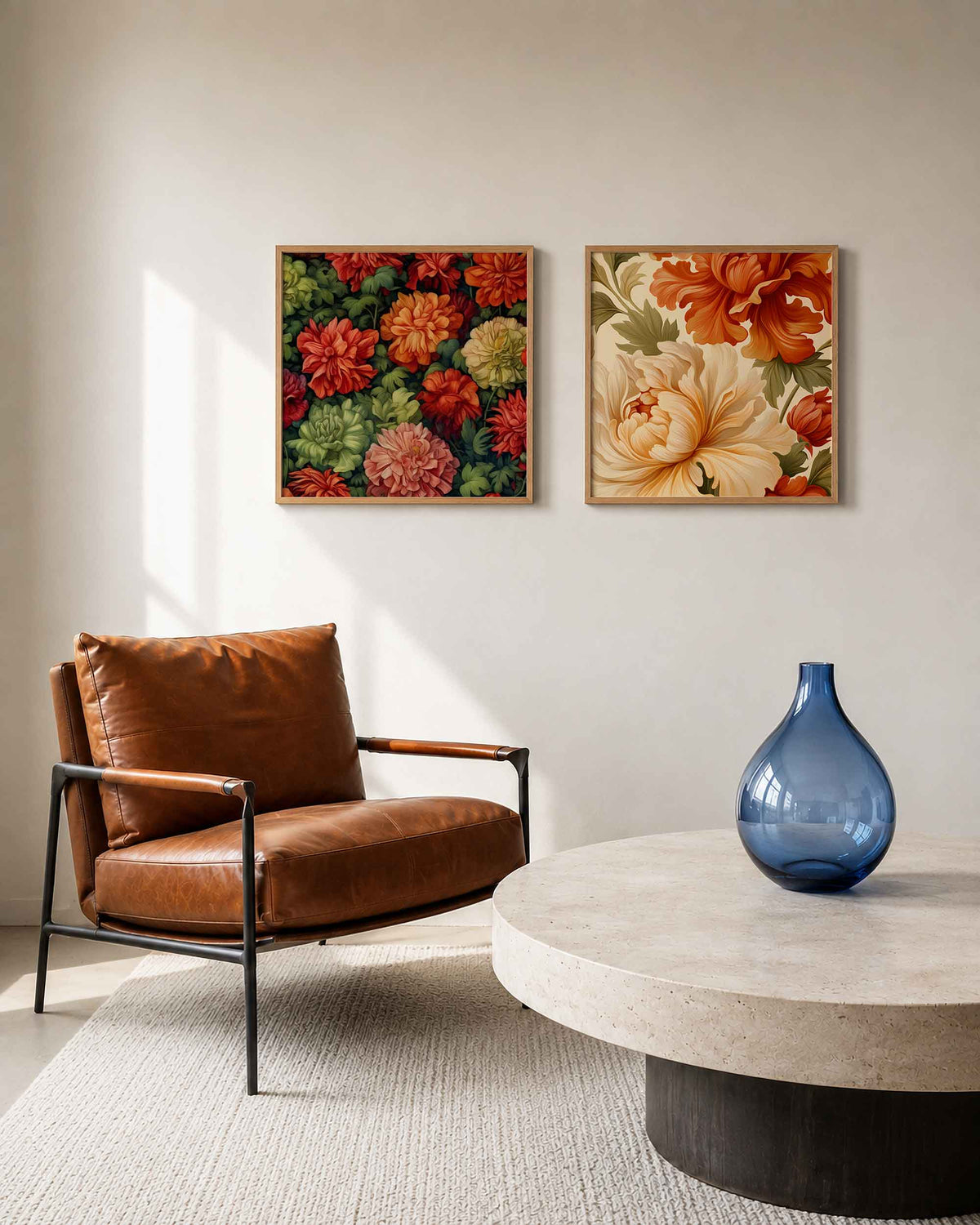 Interieurpresentatie van een tweedelige vierkante posterset met bloemen en bladeren
