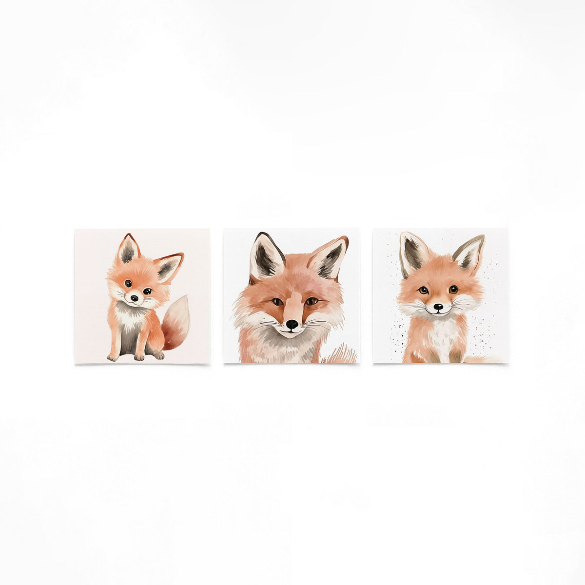 Drie vierkante posters met vosjes illustraties op een gebroken witte achtergrond