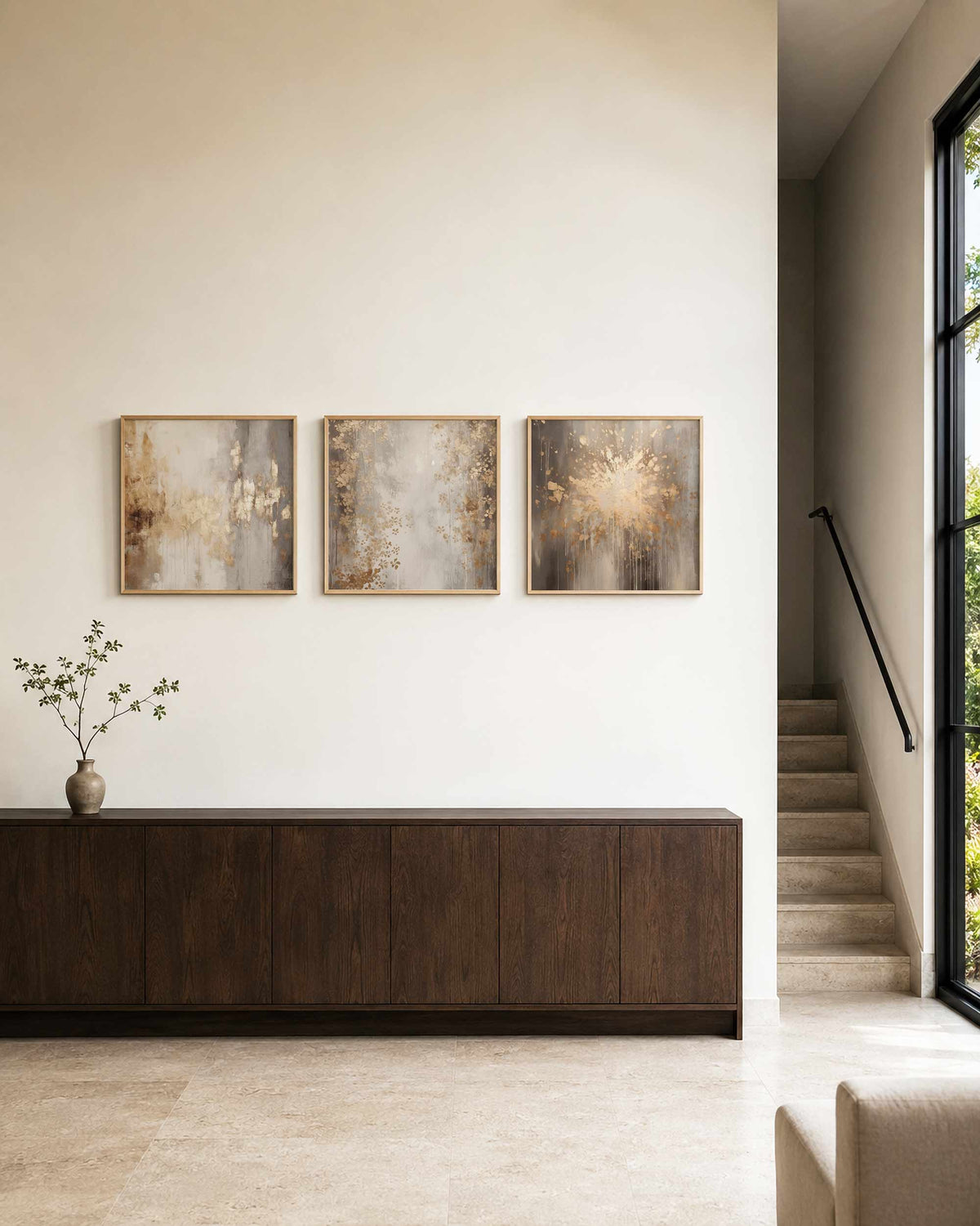 Interieurpresentatie van een driedelige vierkante posterset met abstracte beige schilderingen