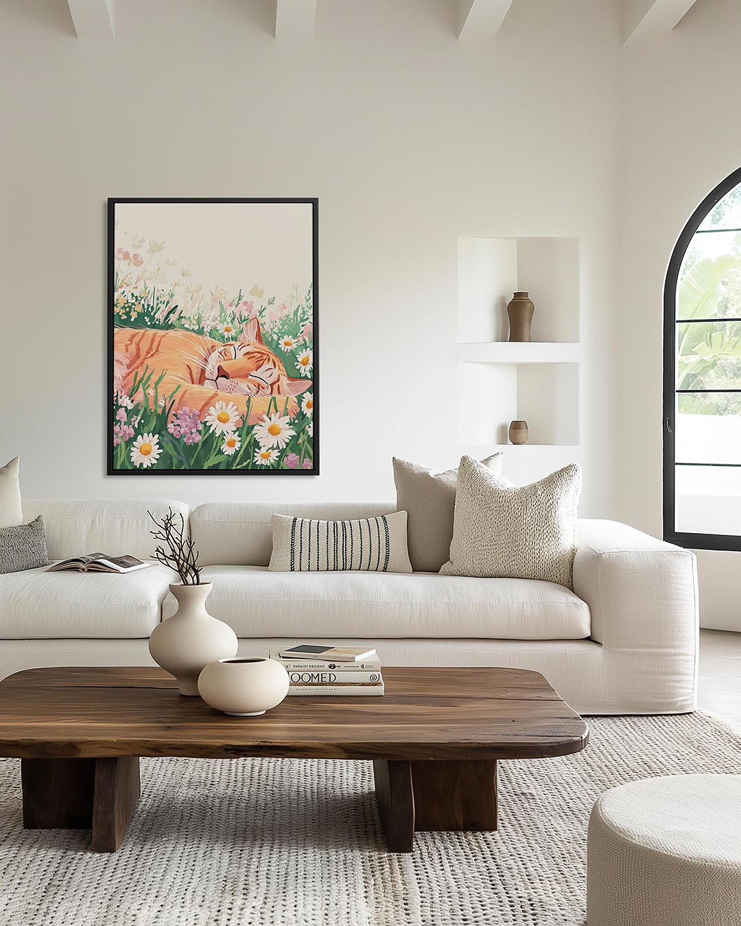 Dromende kat in bloemen Kunstwerk