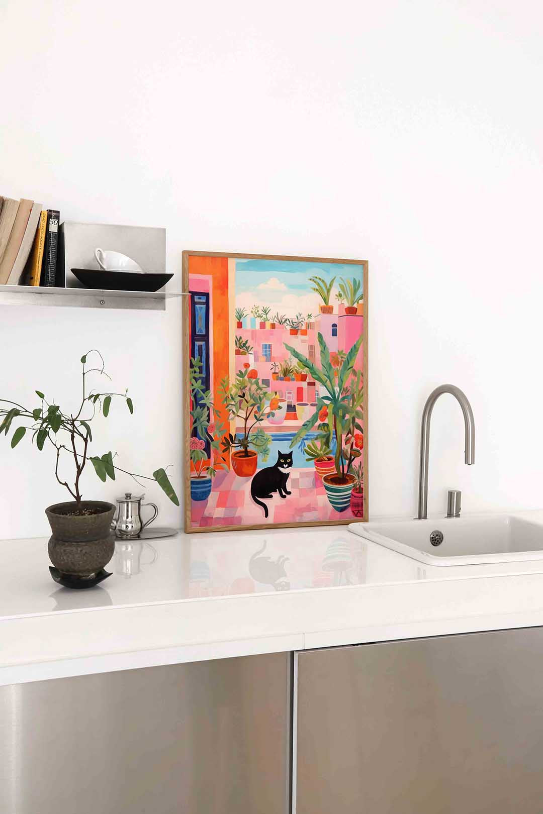 Zwarte kat en planten Poster