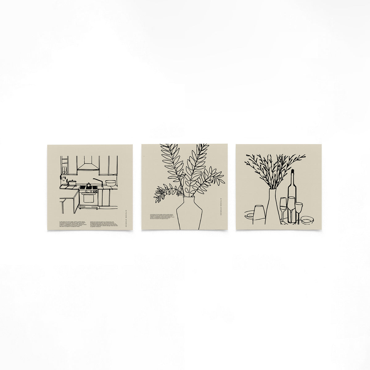 Drie vierkante posters met keukenillustraties op een gebroken witte achtergrond