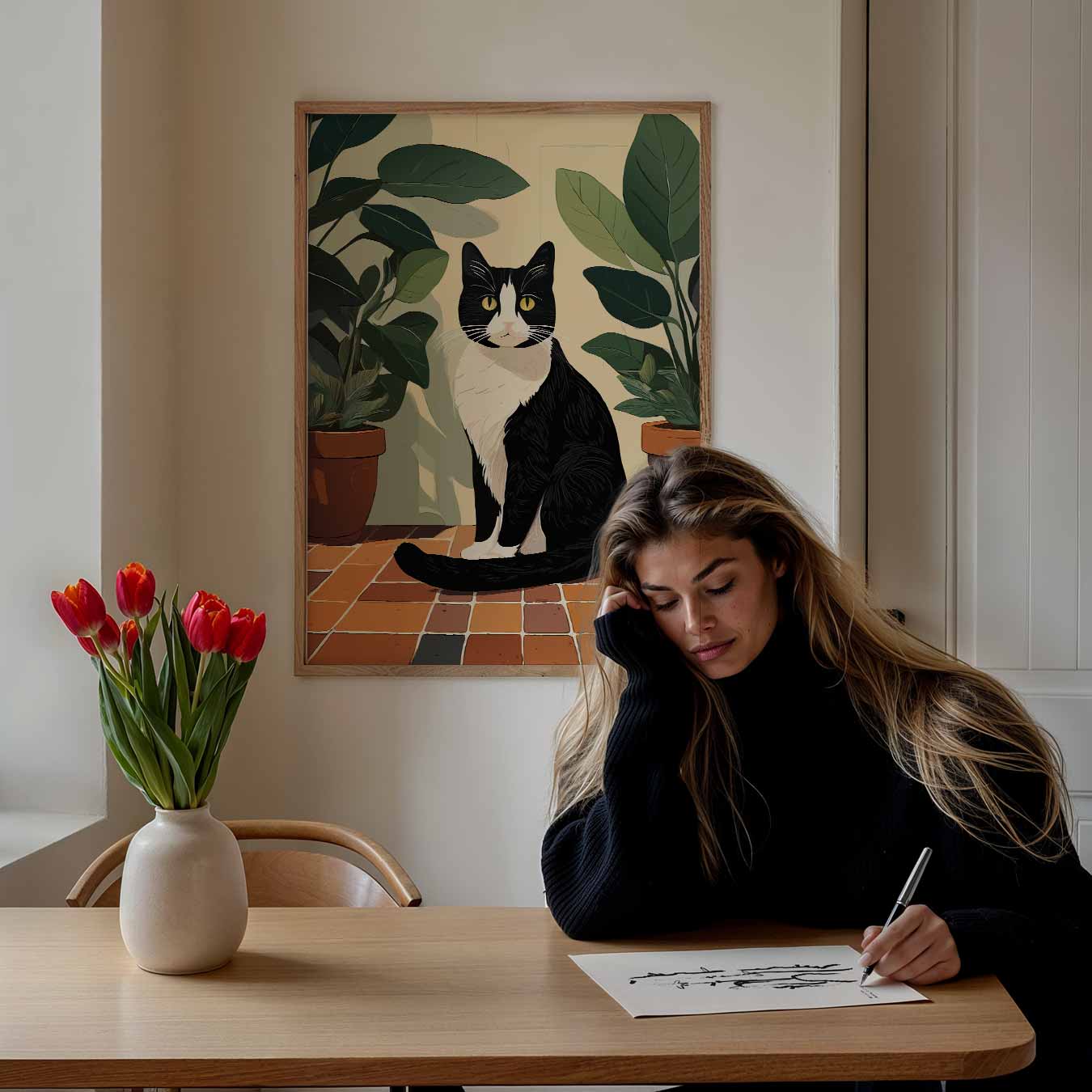 Stijlvolle Kat en Planten Poster-WallArtistic
