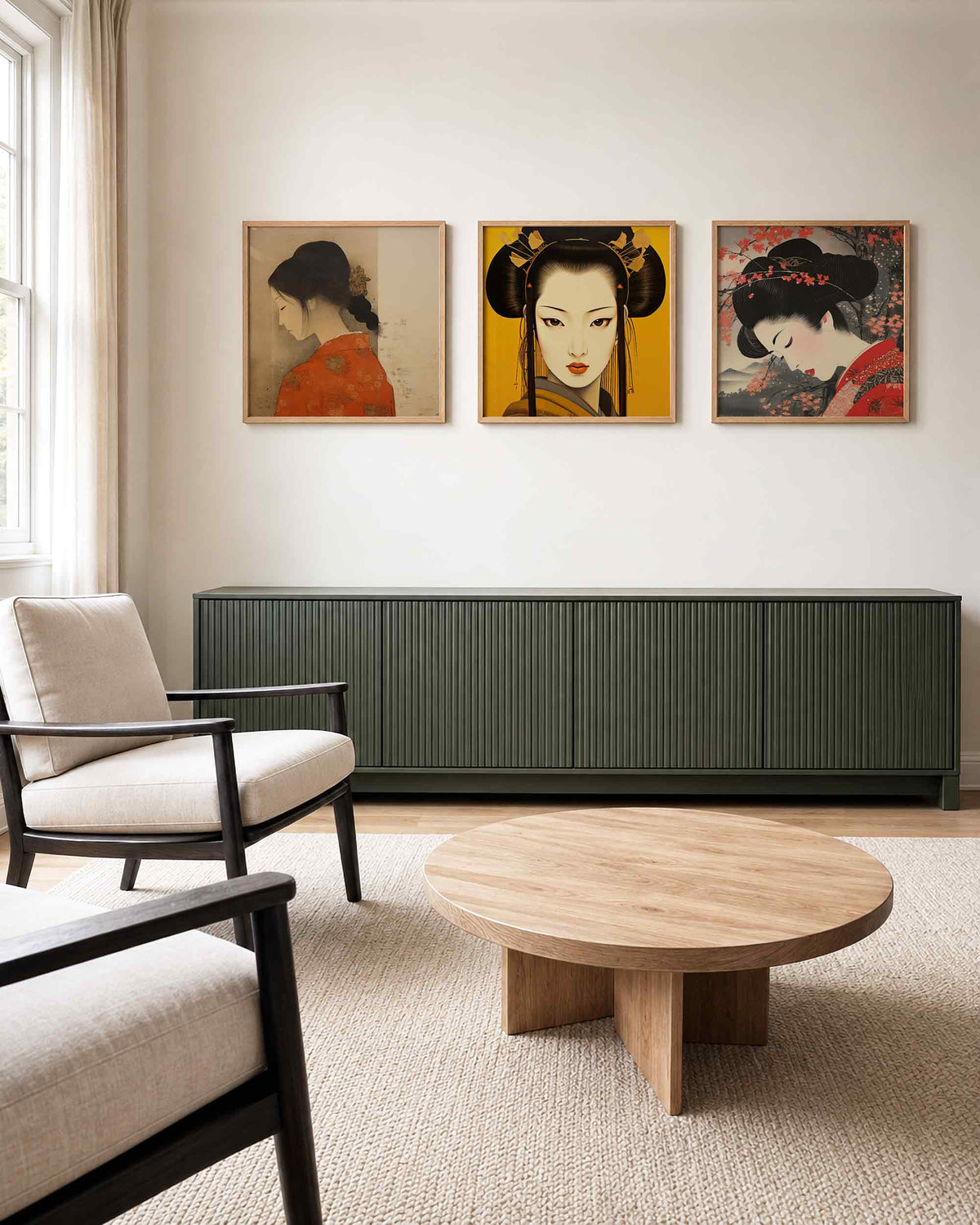 Interieurpresentatie van een driedelige vierkante posterset met japanse vrouwenportretten