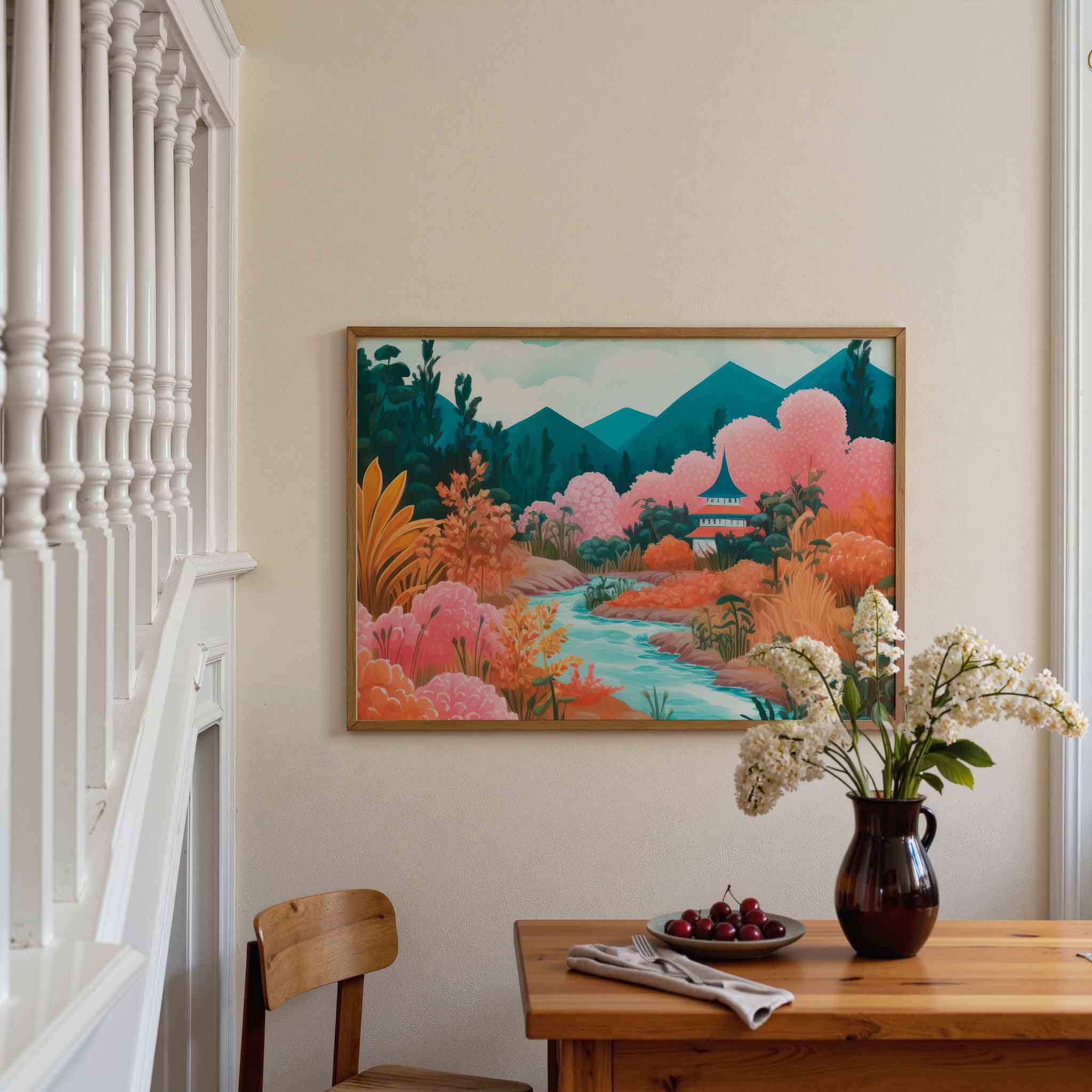 Landschap met rivier en pagode Poster