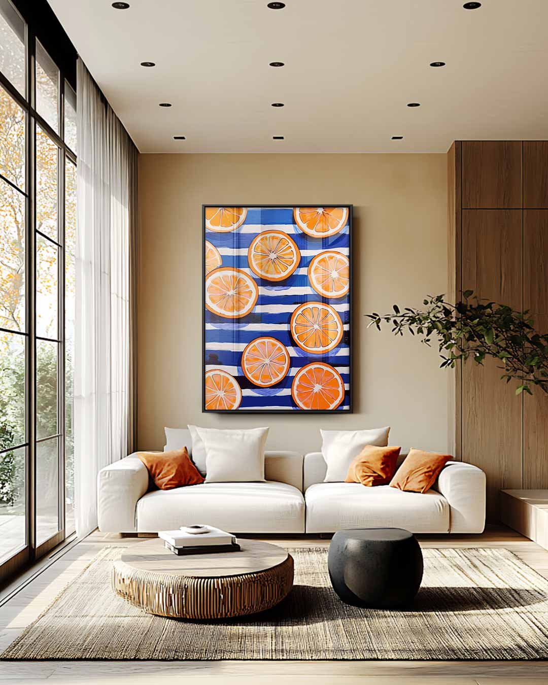 Zonnige Sinaasappels op Streepjespatroon Kunstwerk-canvas-dibond-plexiglas-wanddecoratie-WallArtistic
