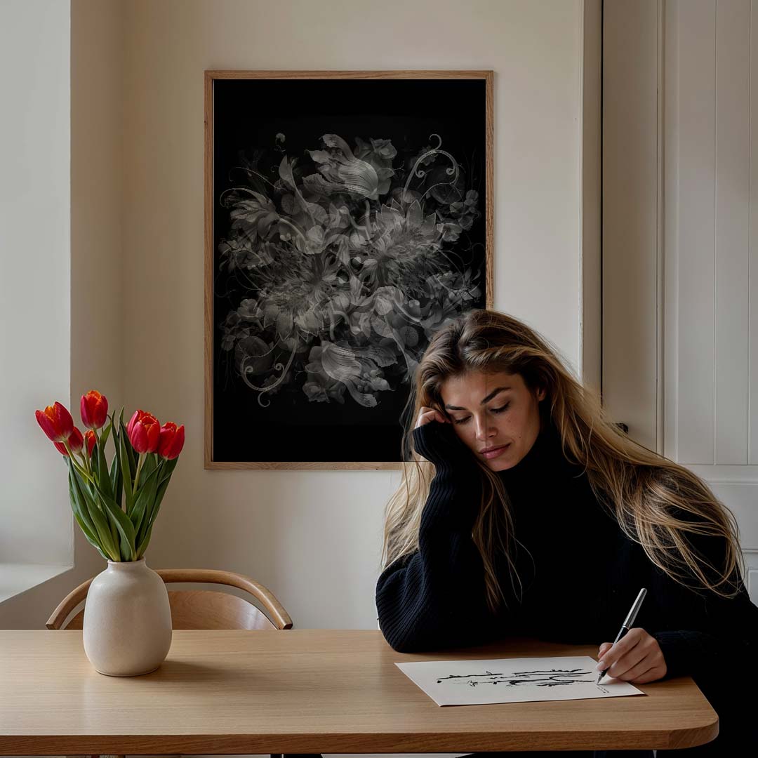 Mystieke Bloemenpracht in Zwart-Wit Poster-WallArtistic