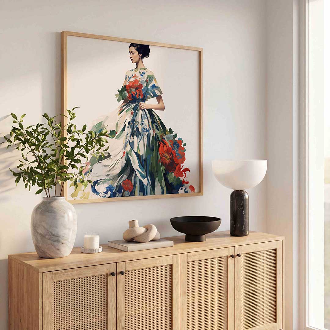 Vrouw met bloemenjurk Poster