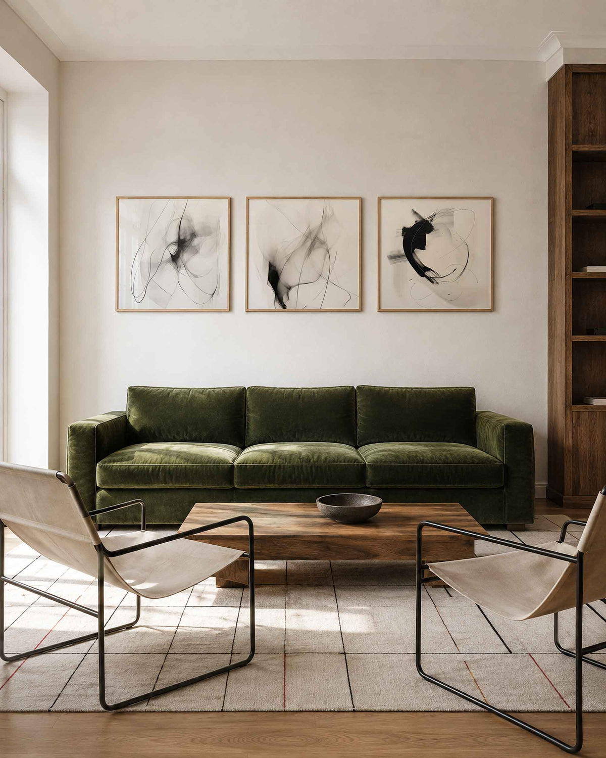 Interieurpresentatie van een driedelige vierkante posterset met abstracte zwart wit