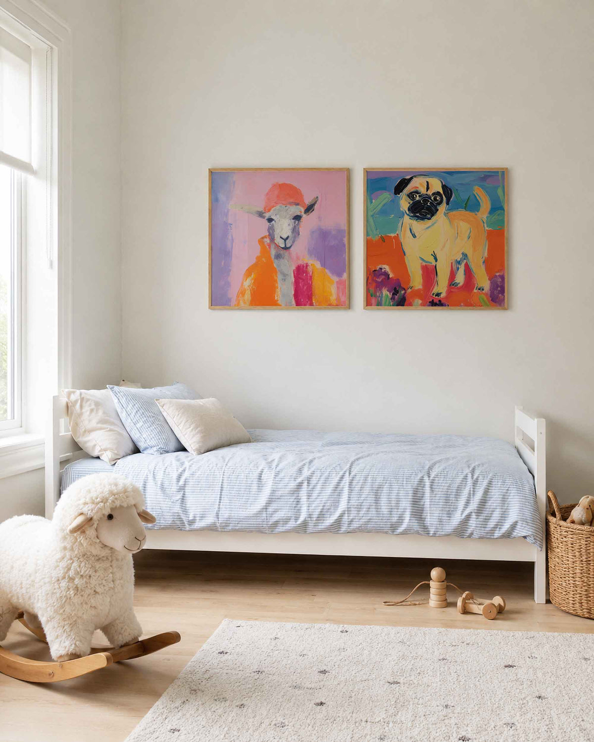 Interieurpresentatie van een tweedelige vierkante posterset met geit en mopshond