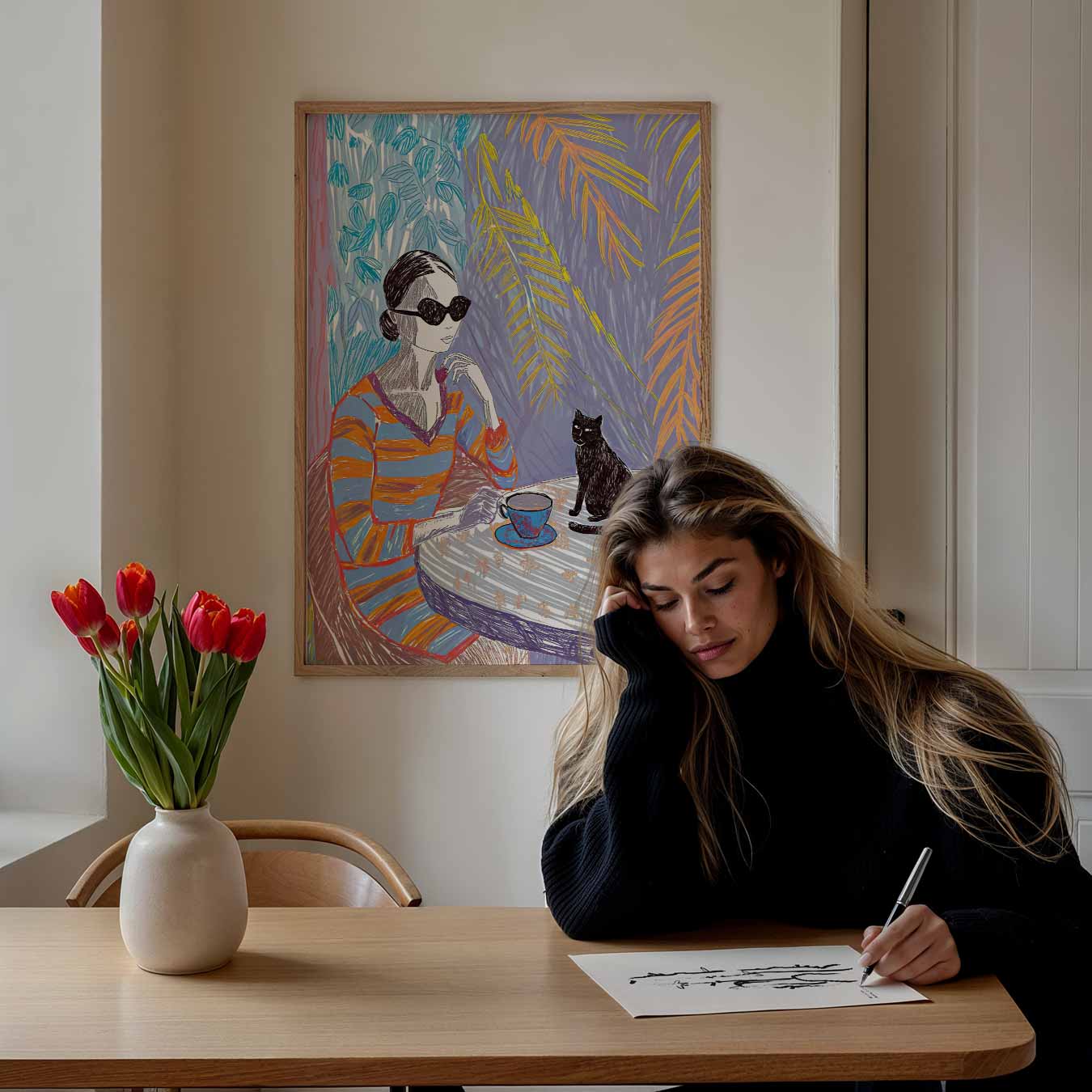 Vrouw met Kat Illustratie Poster-WallArtistic