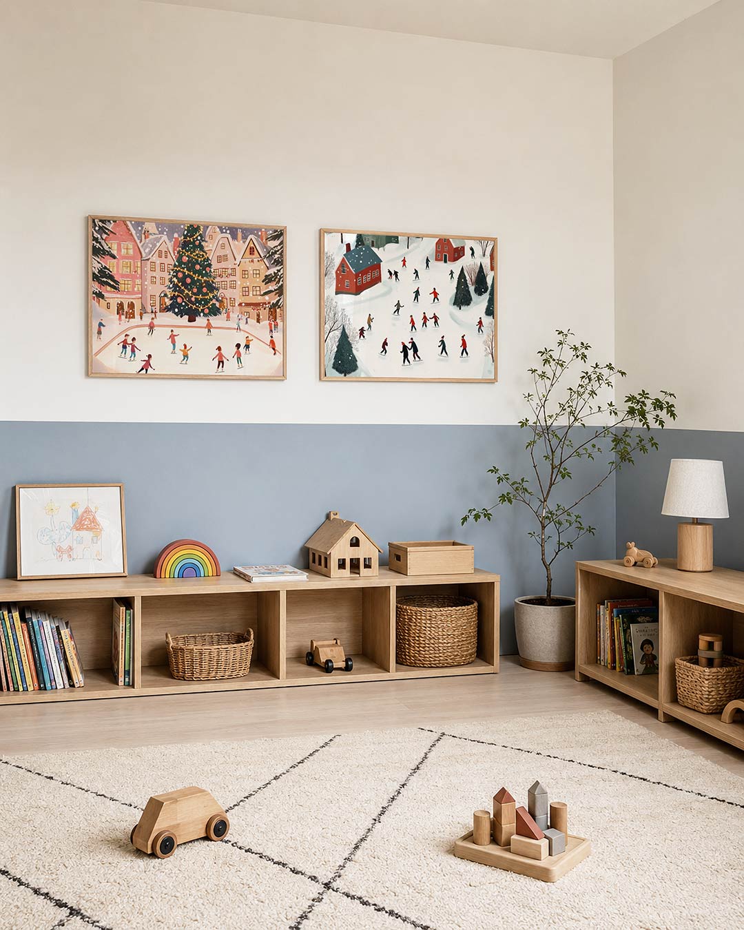 Tweedelige posterset met een sfeervol plein met schaatsende mensen en een grote kerstboom, getoond in een interieur