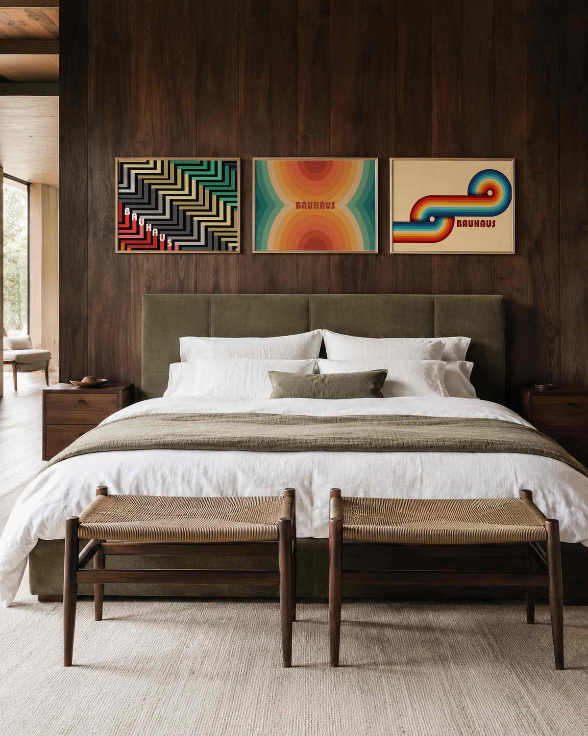 Interieurmockup van drieluik landscape-posterset met kleurbanen en ritme