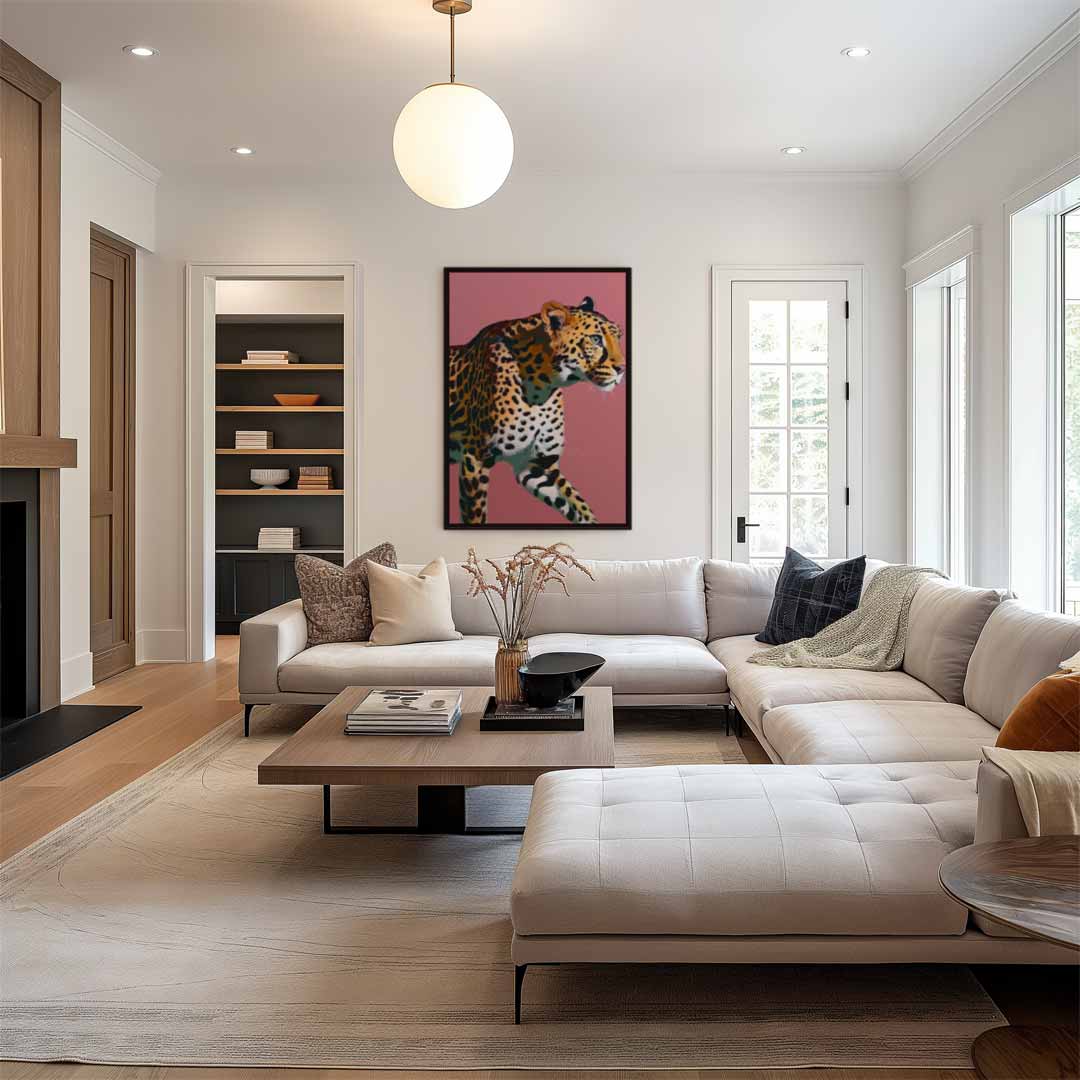 Elegante Luipaard op Roze Achtergrond Kunstwerk-canvas-dibond-plexiglas-wanddecoratie-WallArtistic
