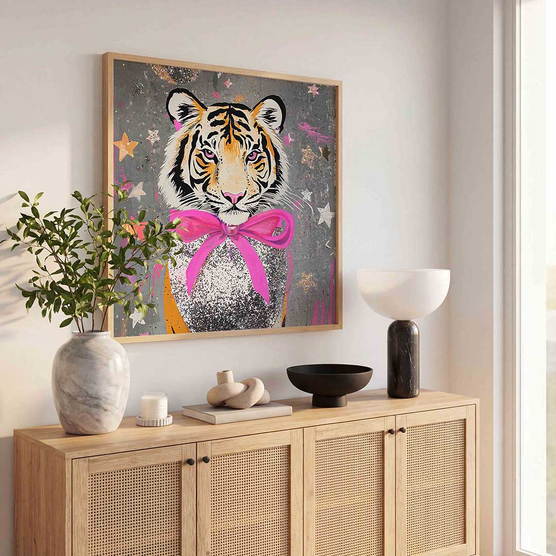 Tijger met roze strik Poster