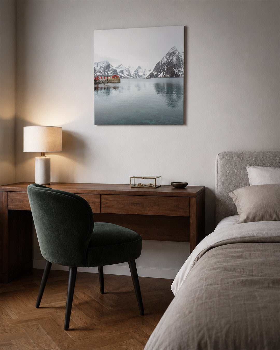 Berglandschap met rode huisjes Kunstwerk