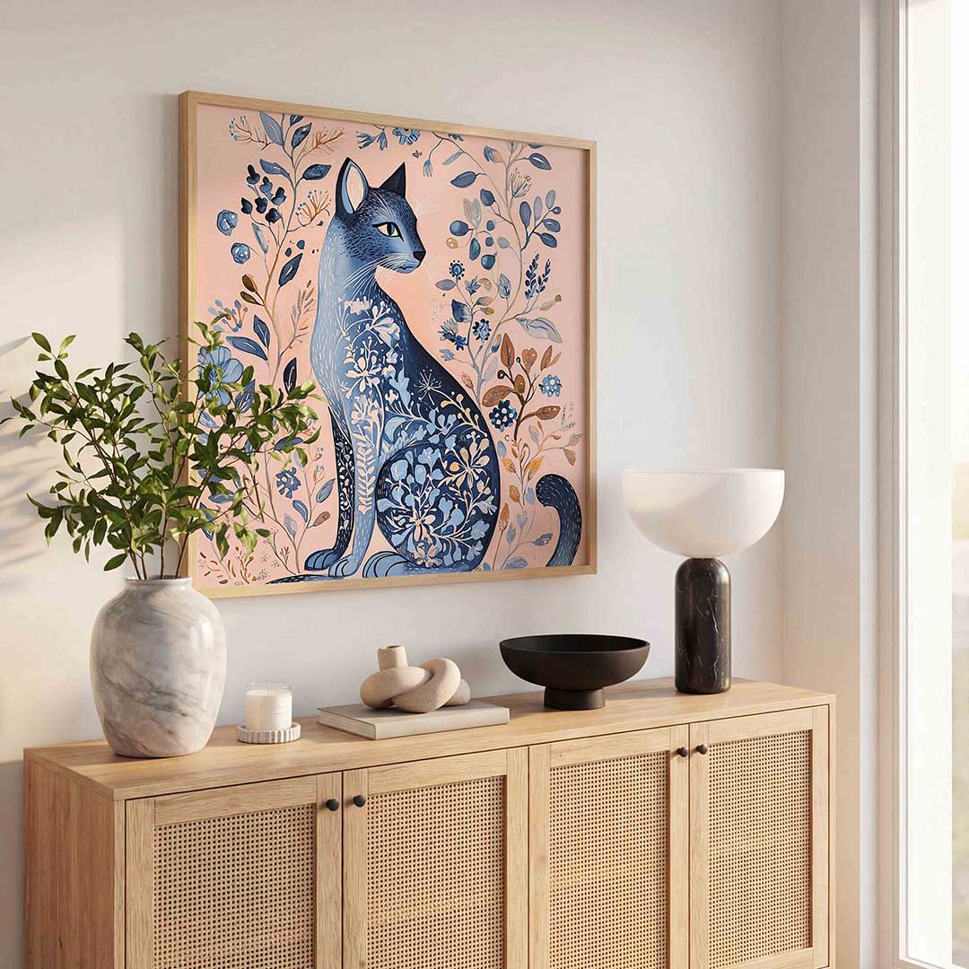 Blauwe kat met bloemen Poster