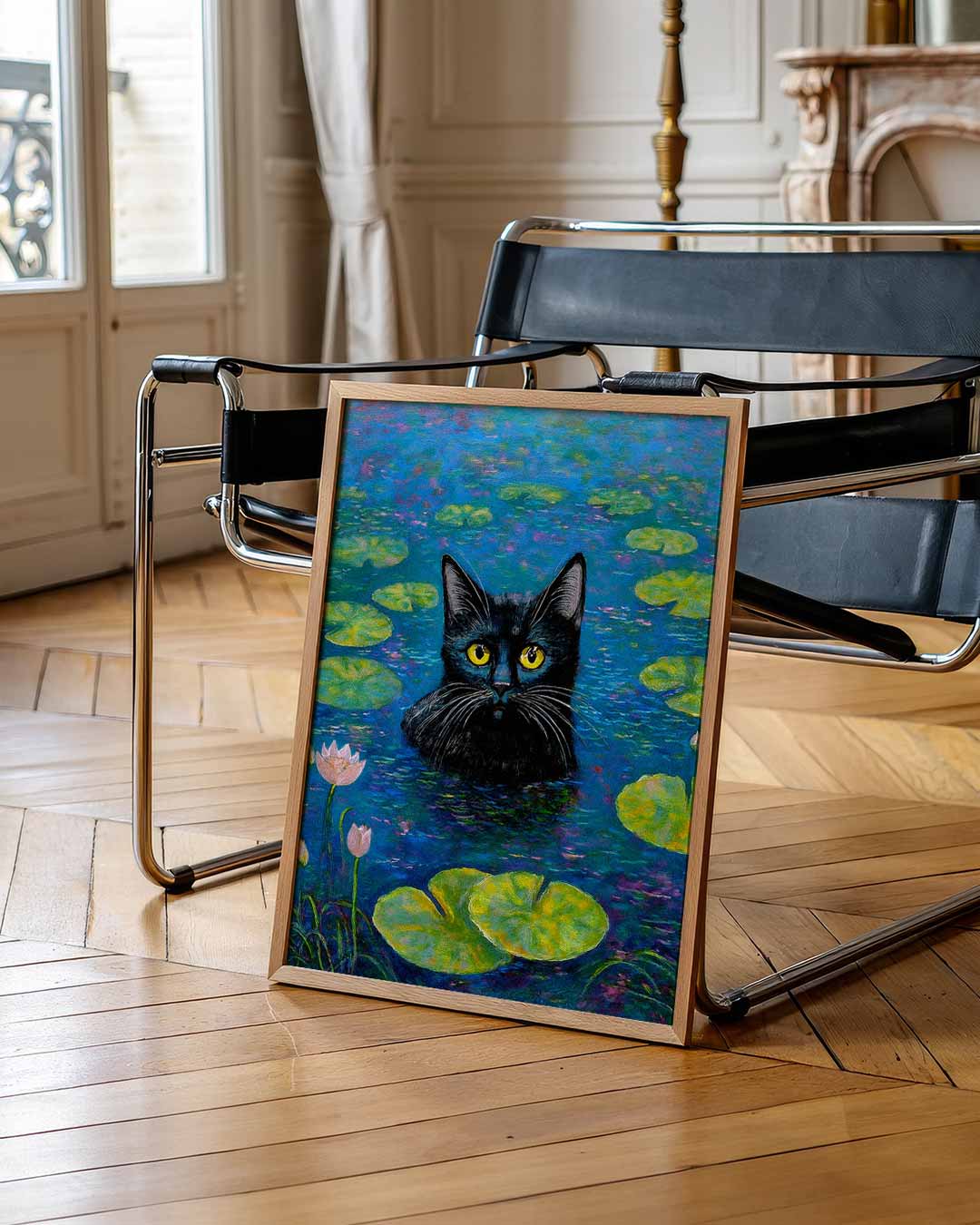 Mystieke Zwarte Kat op Waterlelies Poster-WallArtistic