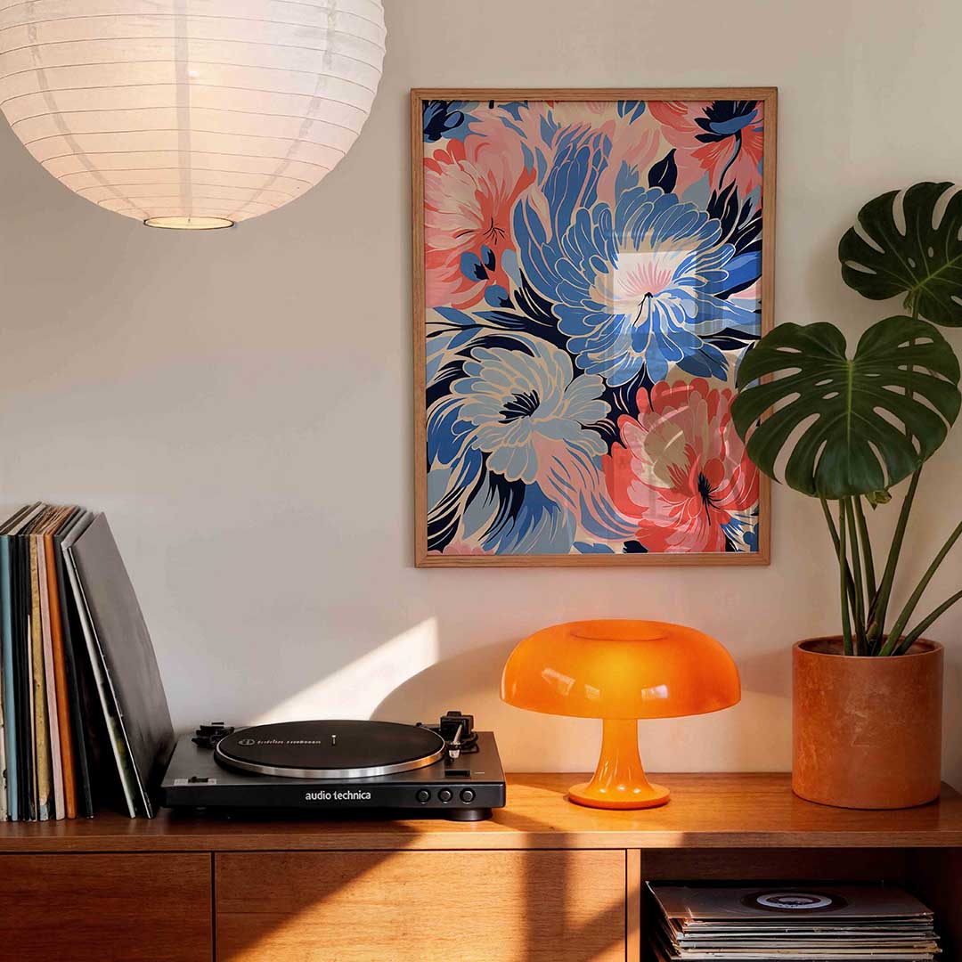 Bloemen in blauw en roze Poster