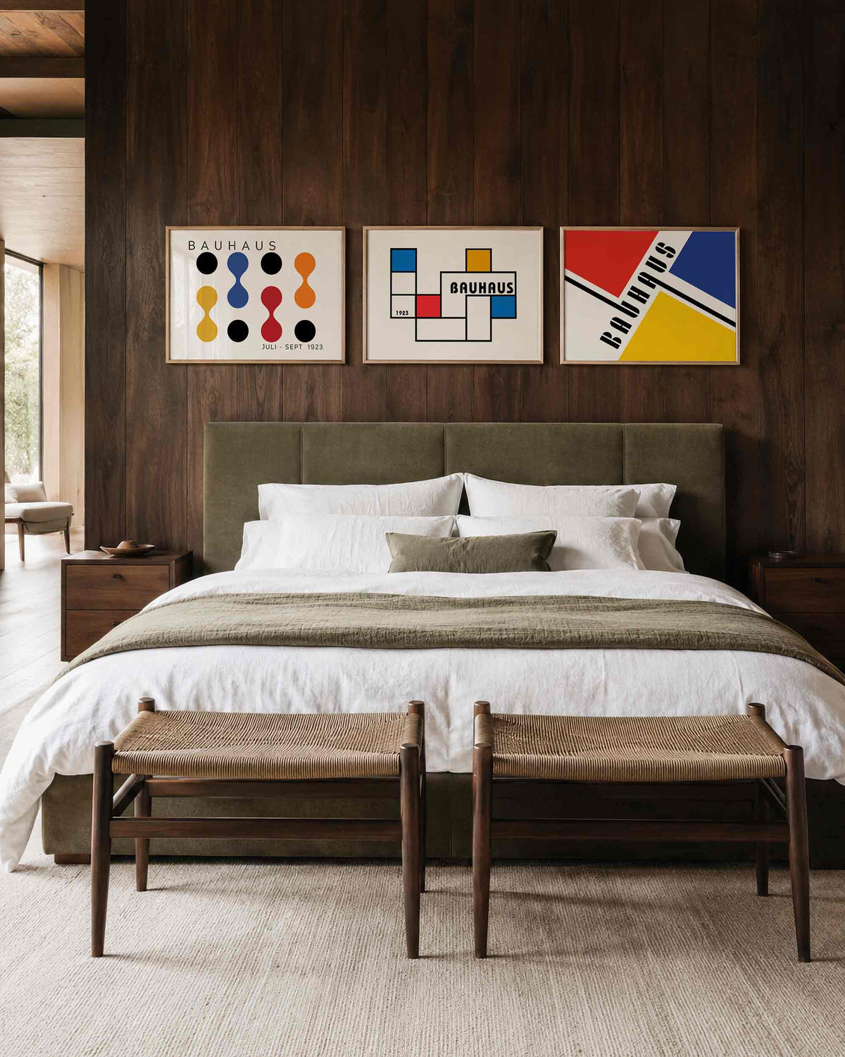 Interieurmockup van drieluik landscape-posterset met kleurvlakken en rasterlijnen