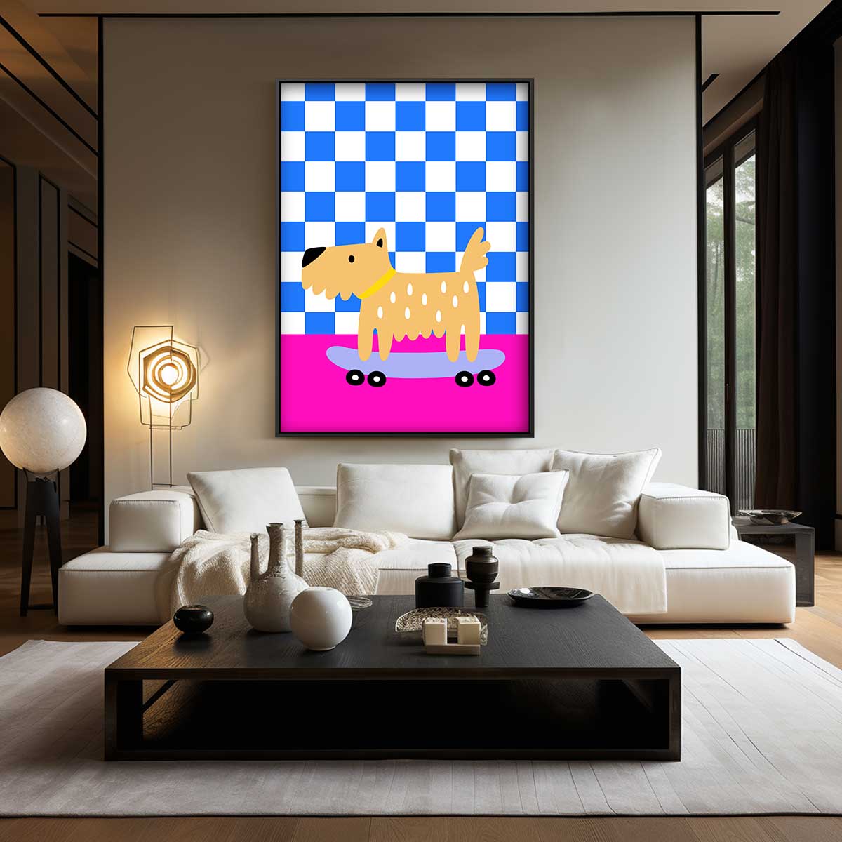 Hippe Hond op Skateboard Kunstwerk-canvas-dibond-plexiglas-wanddecoratie-WallArtistic