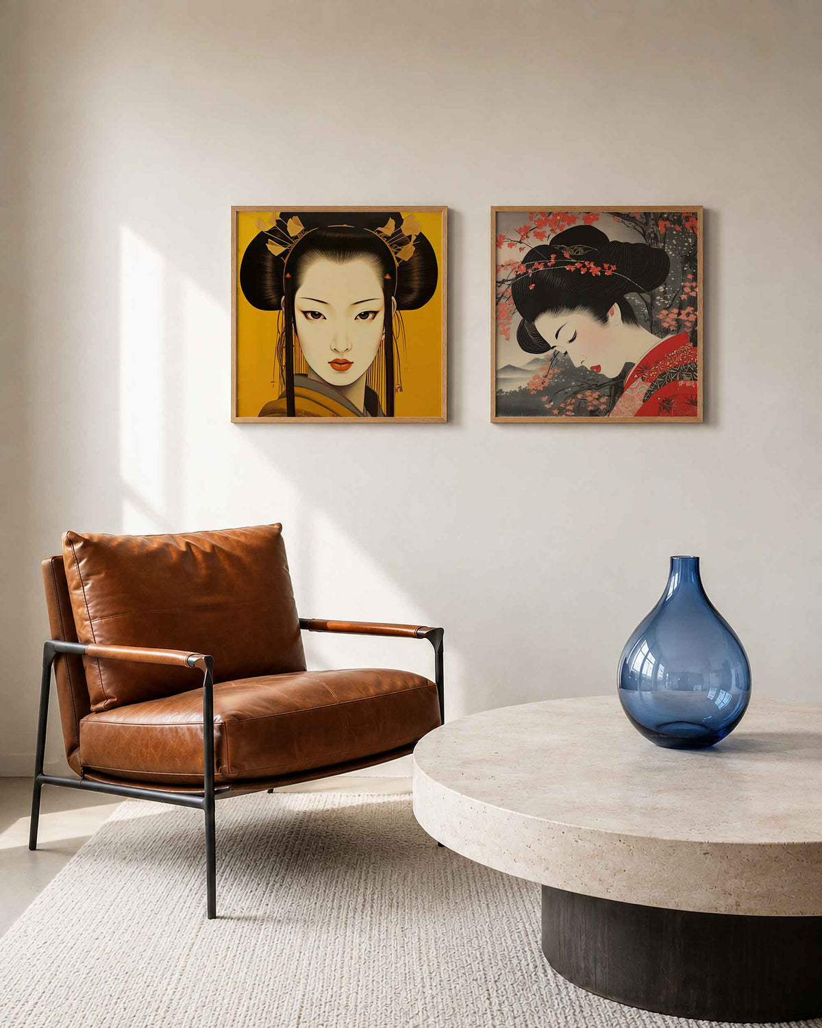 Interieurpresentatie van een tweedelige vierkante posterset met japanse vrouwenportretten