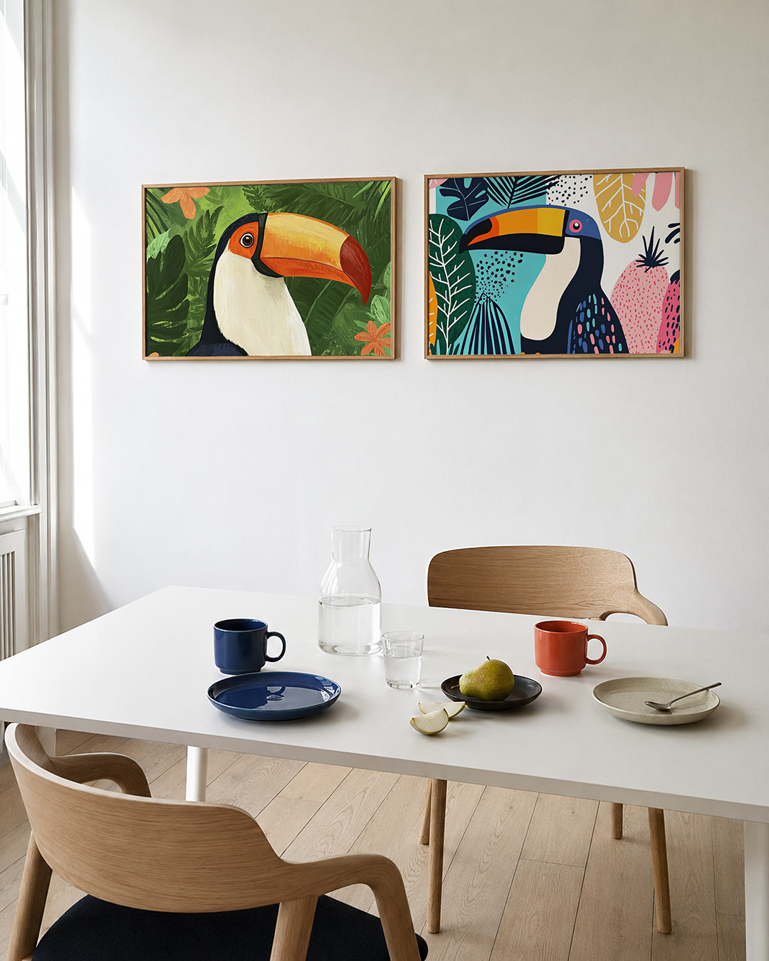 Interieurpresentatie van twee posters met een toekan centraal