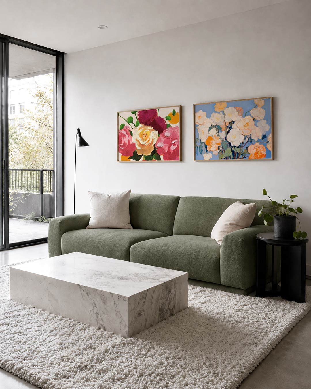 Twee liggende posters met een samenspel van roze, geel en groen, aan de muur in een interieur