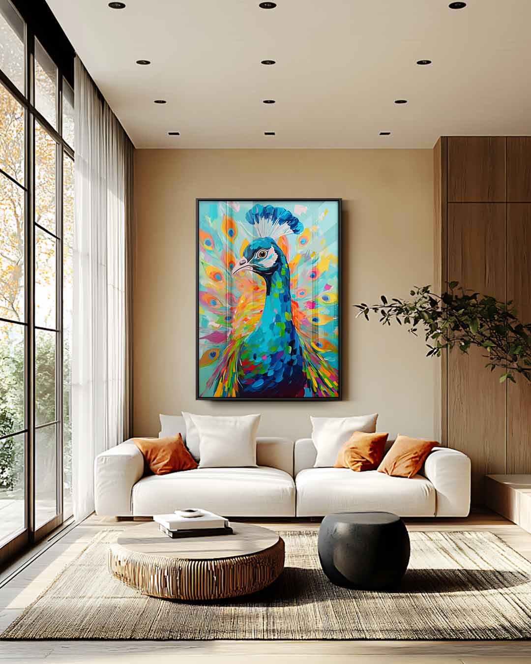 Kleurrijke Pauw in Volle Glorie Kunstwerk-canvas-dibond-plexiglas-wanddecoratie-WallArtistic
