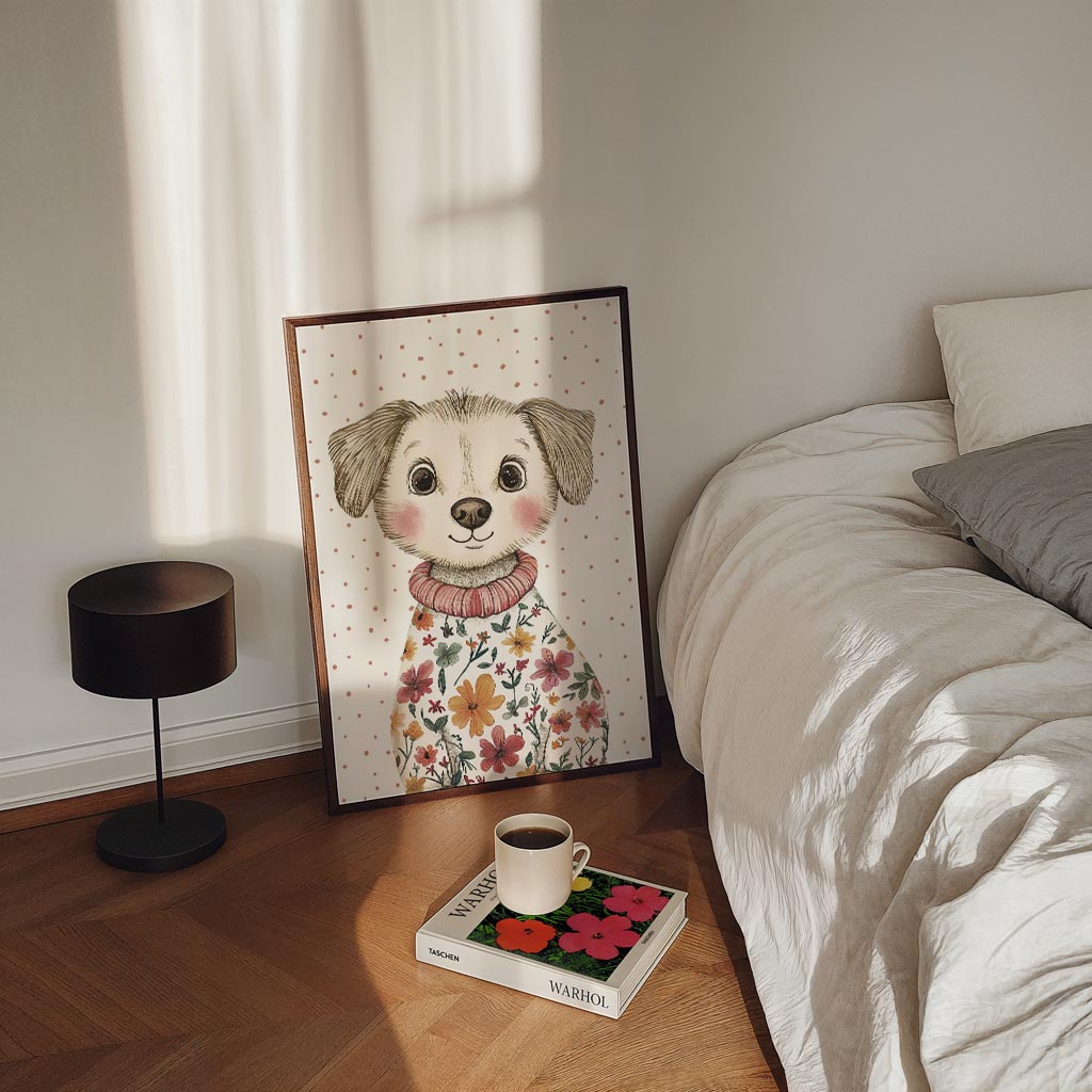 Schattige Puppy in Bloemen Trui Poster-WallArtistic