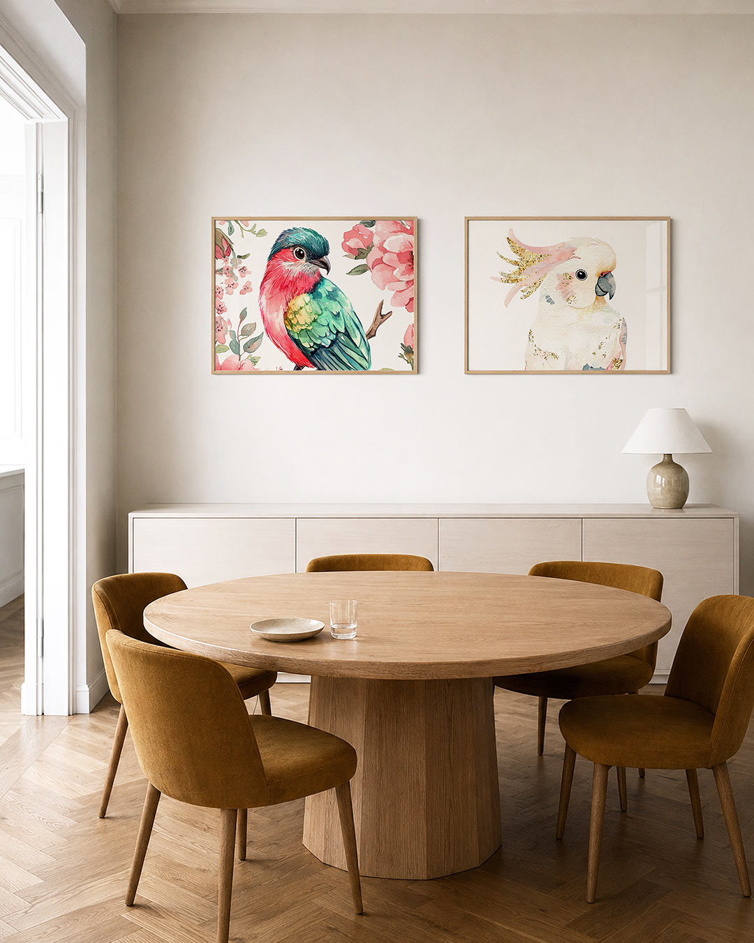 Twee liggende posters met een kleurrijke vogel met levendige veren in groen en rood, aan de muur in een interieur