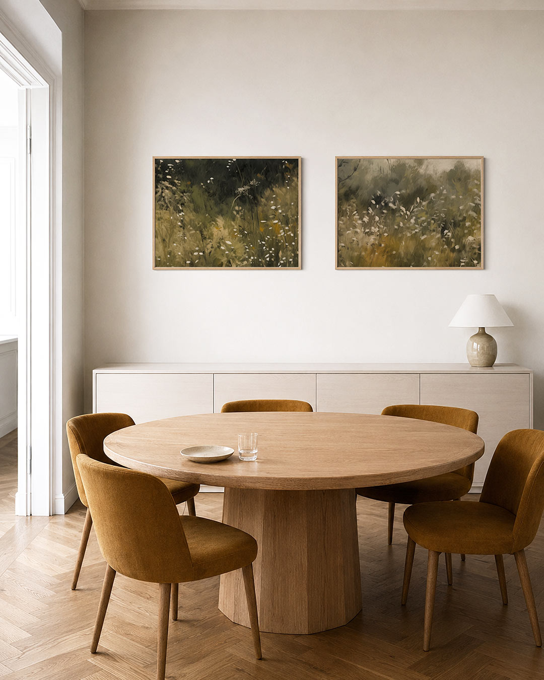 Tweedelige posterset met een weelderig veld met fijne groene en bruine tinten, getoond in een interieur