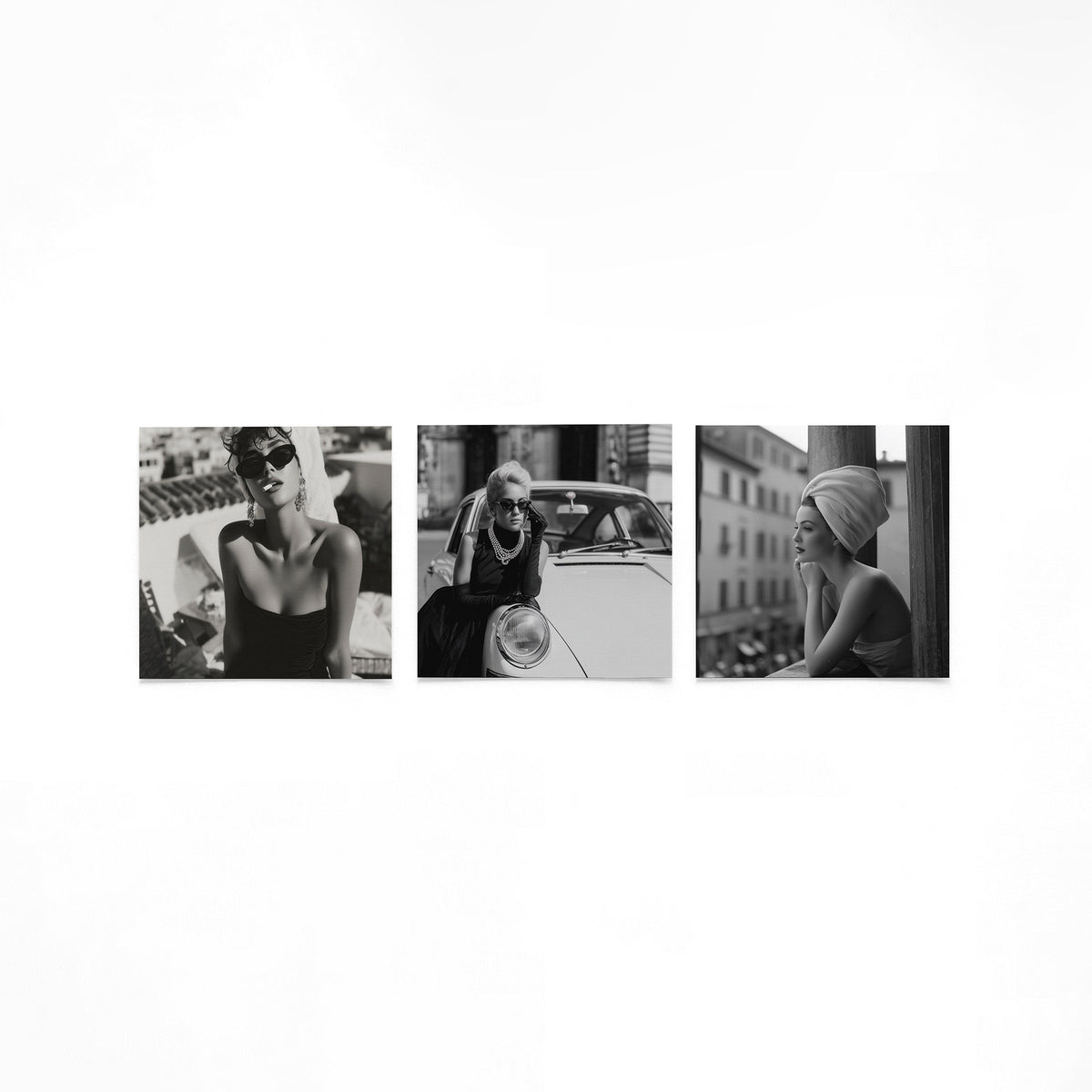 Drie vierkante posters met zwart wit mode op een gebroken witte achtergrond