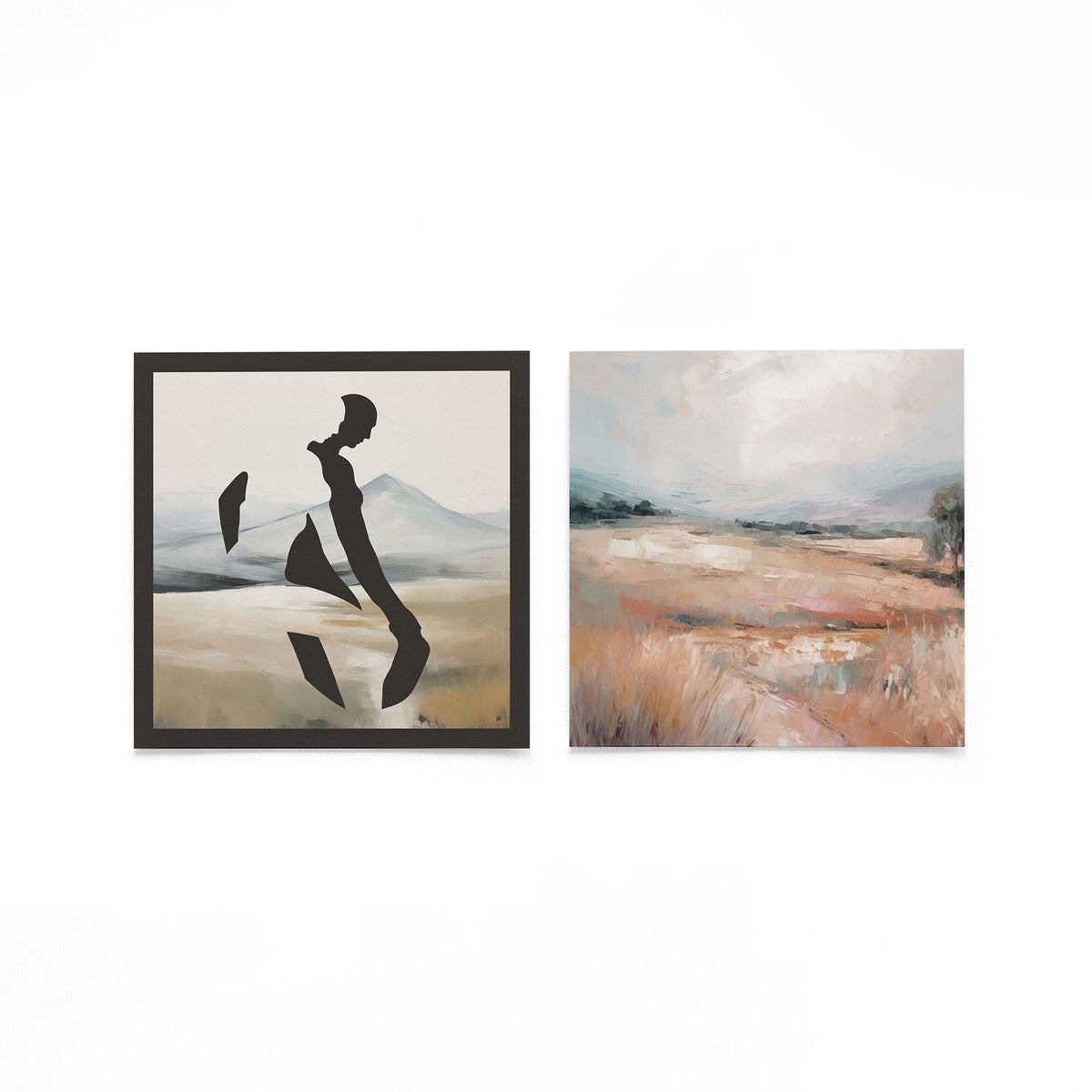 Twee vierkante posters met silhouet en landschap op een gebroken witte achtergrond