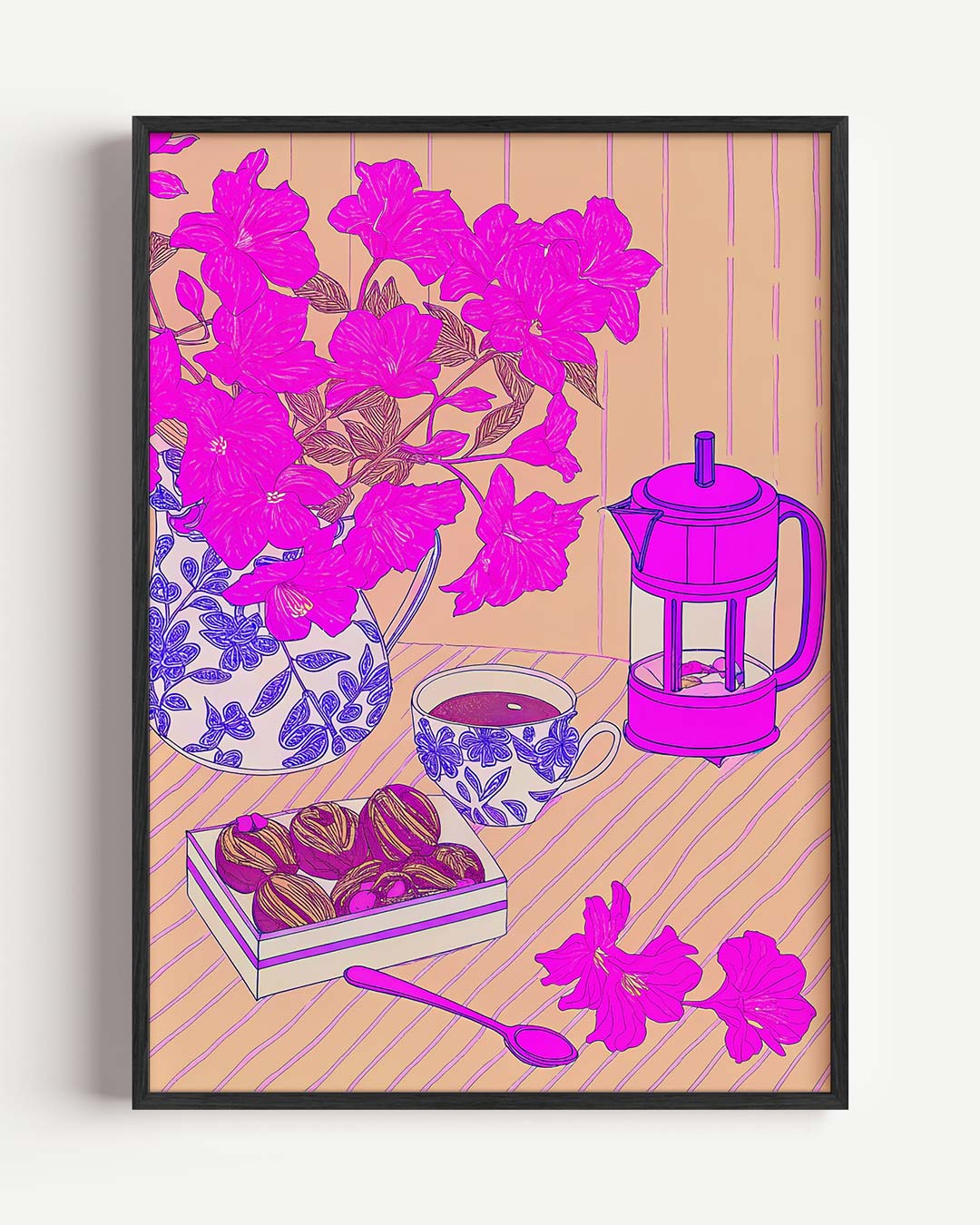 Roze Bloemen en Koffie Moment Poster-WallArtistic