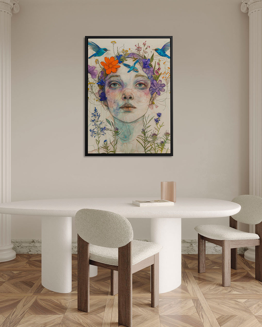 Vrouw met bloemen en vogels Kunstwerk