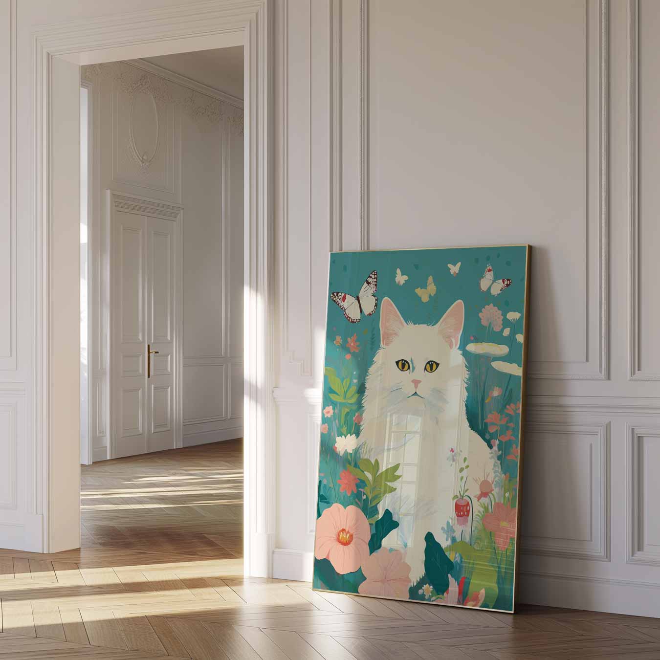 Dromerige Kat in Bloementuin Poster-WallArtistic