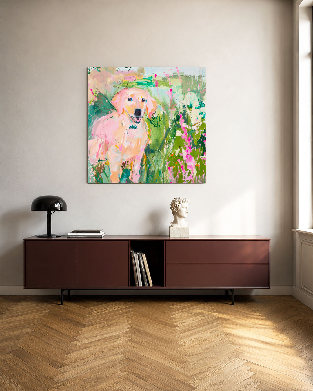 Vrolijke hond in tuin Kunstwerk