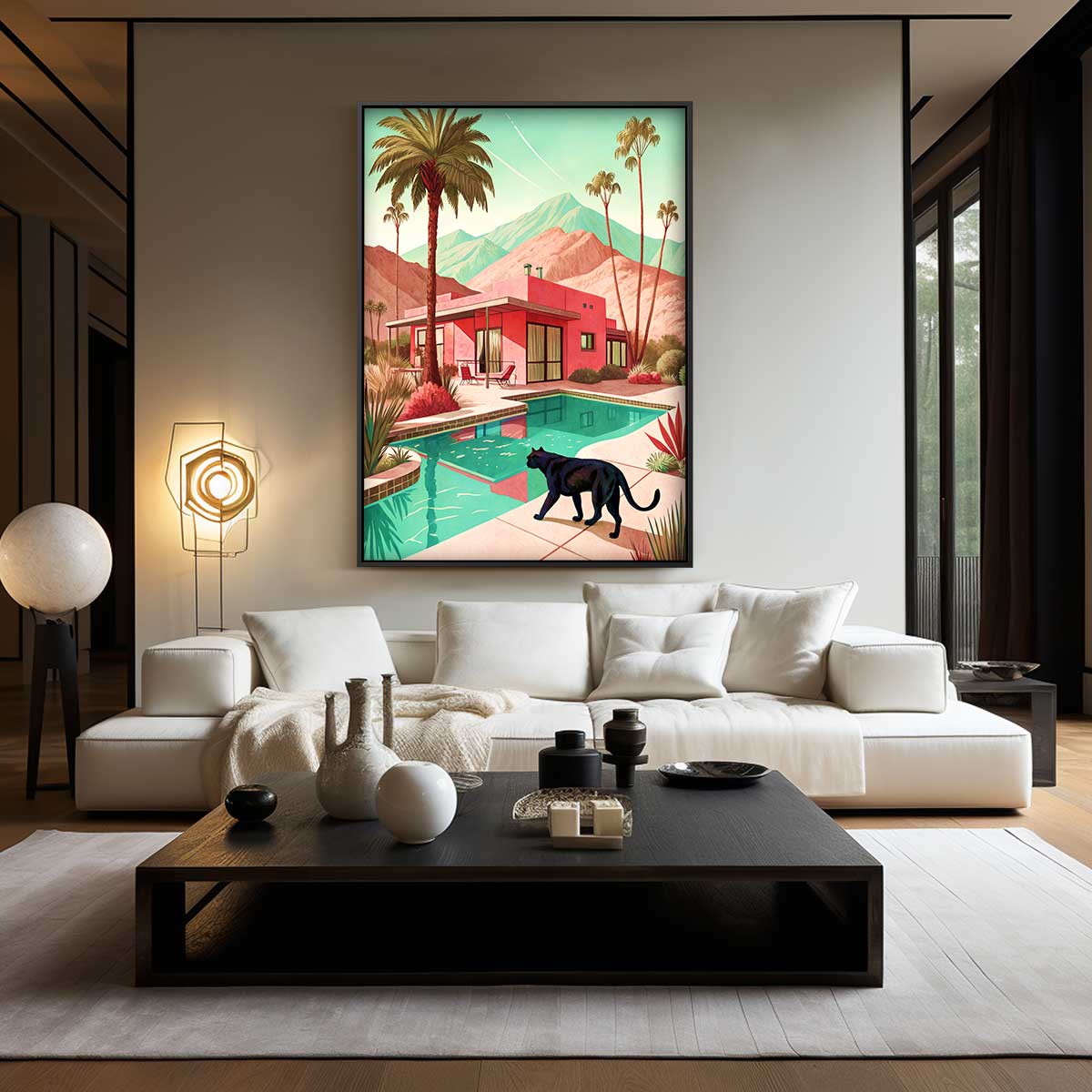 Modern Droomhuis met Zwarte Kat Kunstwerk