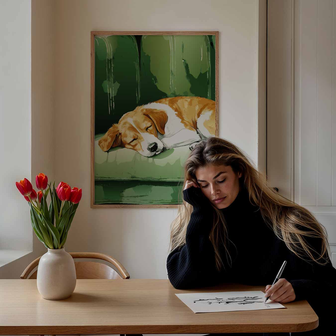 Slapende Hond op Groene Bank Poster-WallArtistic