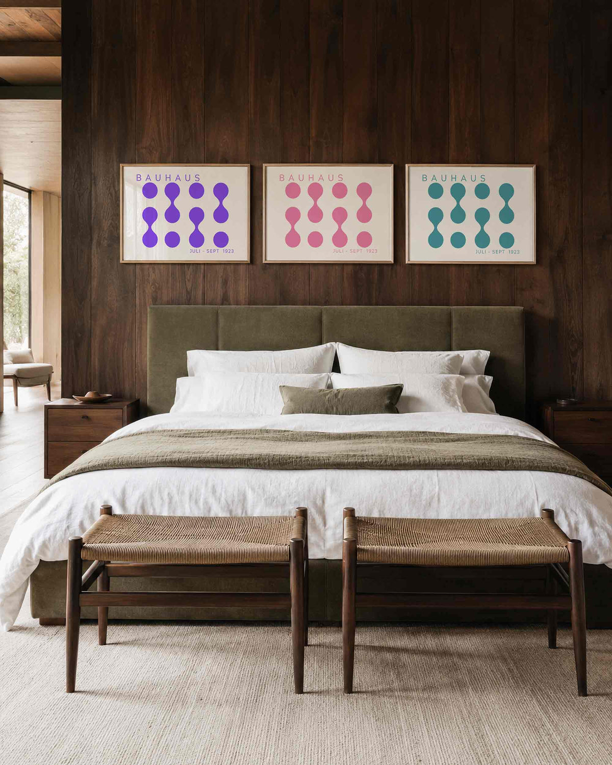 Interieurmockup van drieluik landscape-posterset met bollen en sierlijke verbindingen