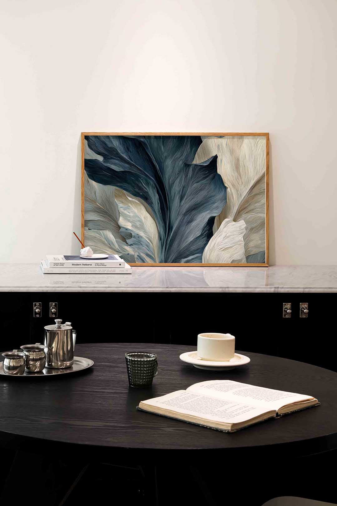 Bladeren in blauw en beige Poster