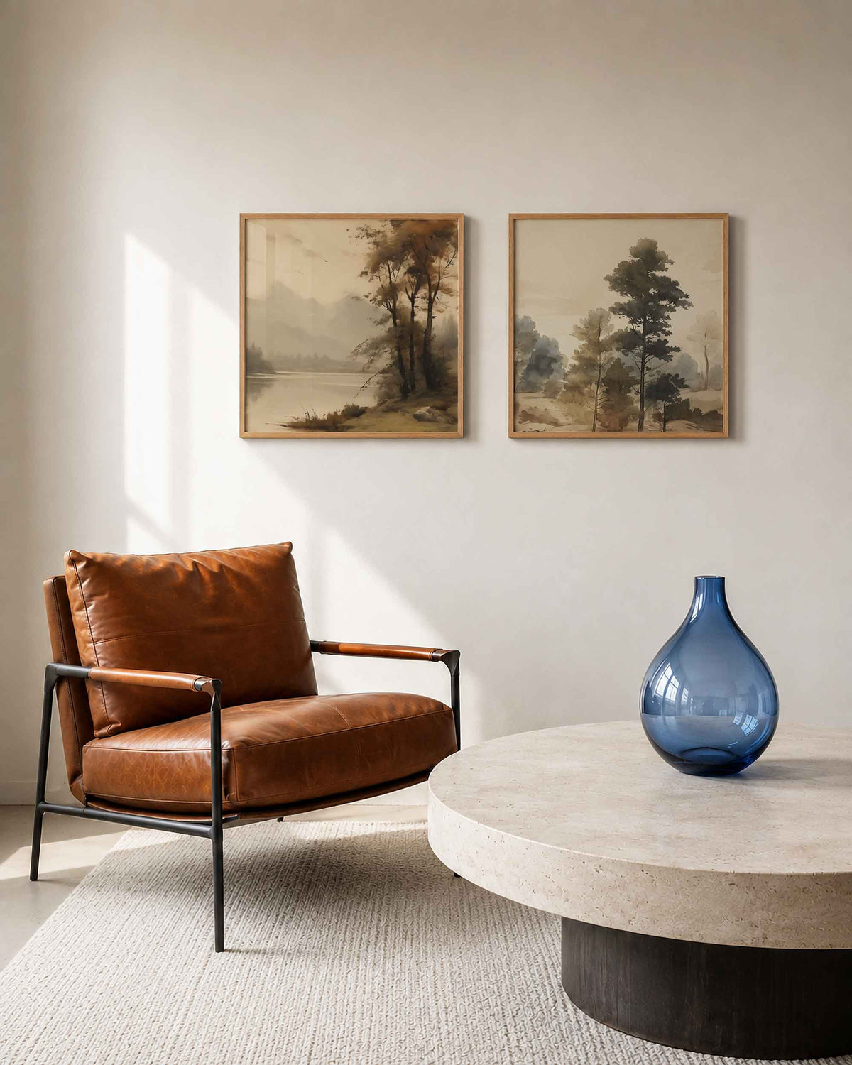 Interieurpresentatie van een tweedelige vierkante posterset met bomen en bergmeer