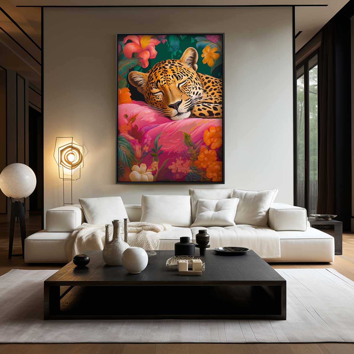 Dromerige Luipaard in Bloemenparadijs Kunstwerk-canvas-dibond-plexiglas-wanddecoratie-WallArtistic